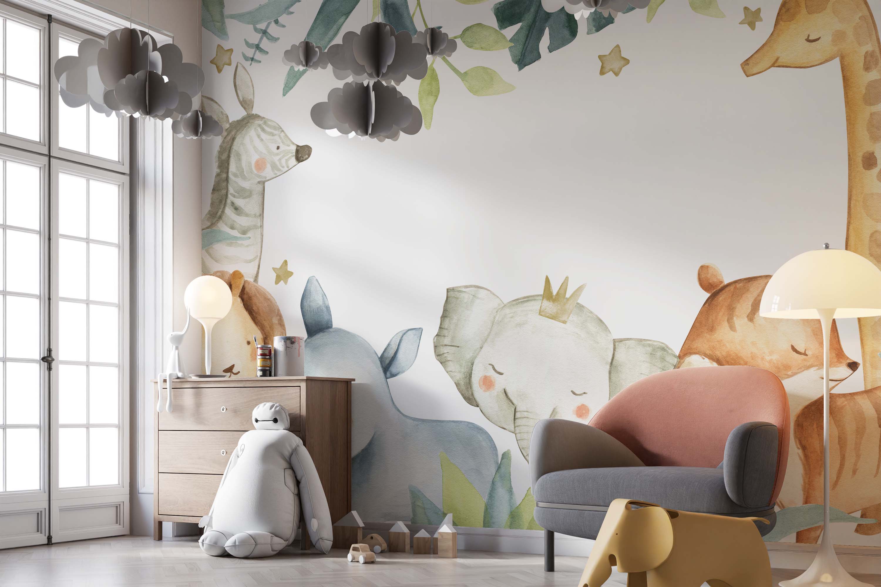 Watercolor mural of cute, sleeping jungle animals including a zebra, elephant, and giraffe, with green leaves and yellow stars.
