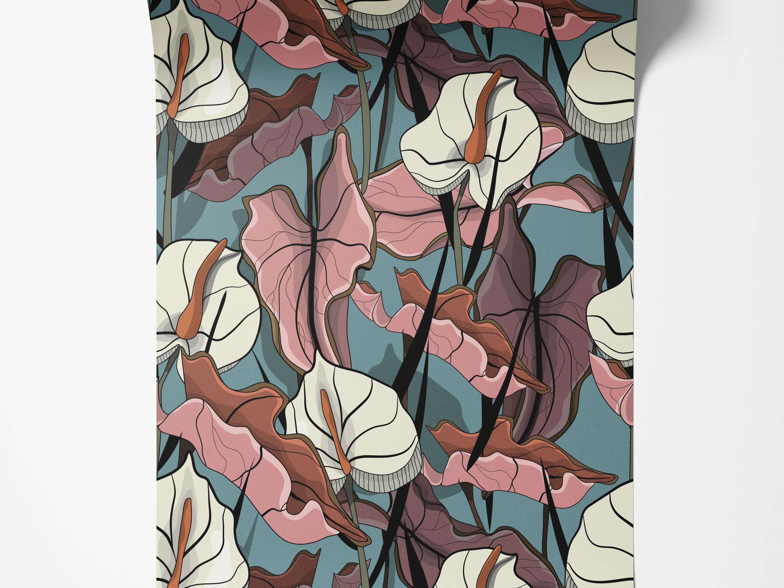 Stylized anthurium wallpaper with off-white flowers and pink leaves on a teal background. The design has bold black outlines.