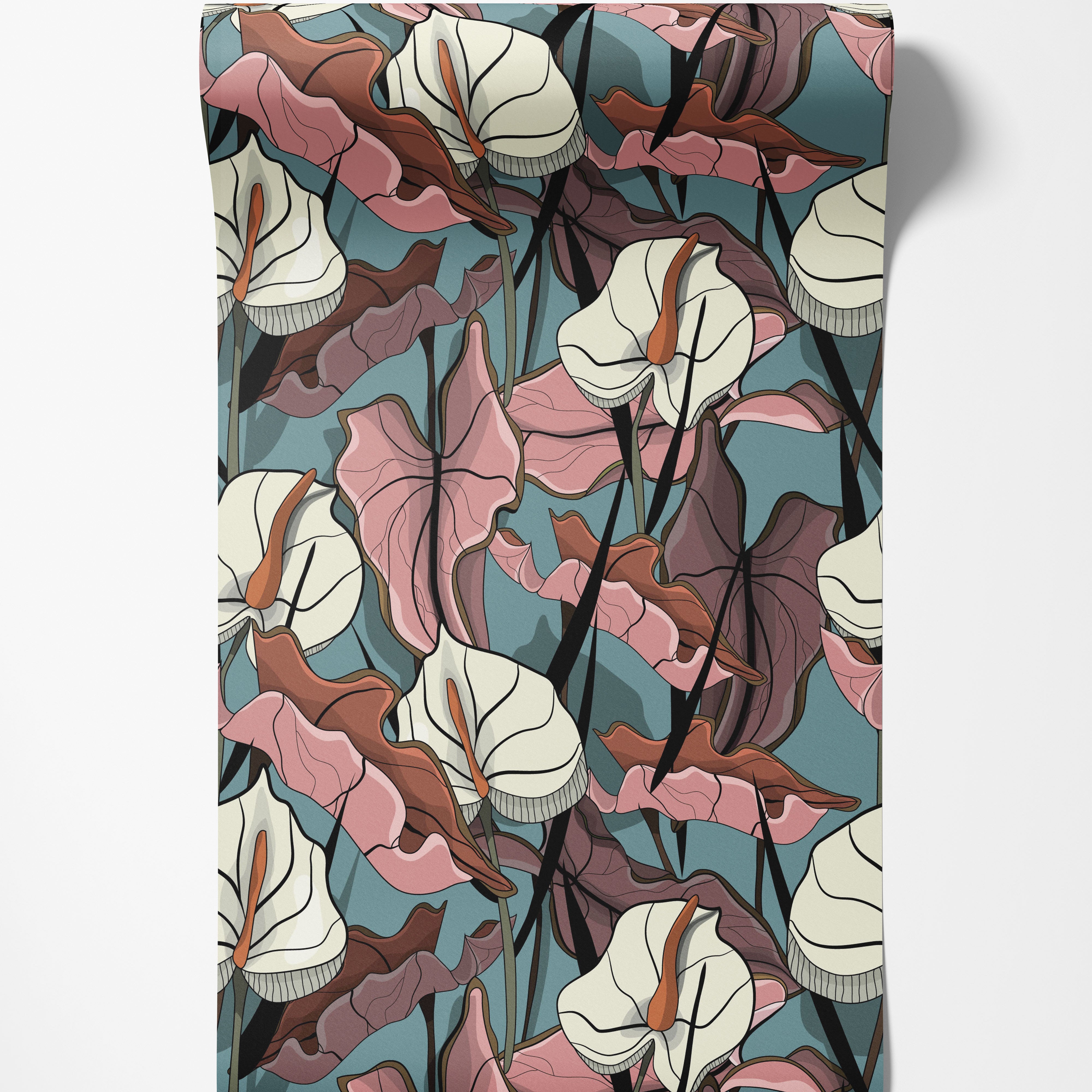 Stylized anthurium wallpaper with off-white flowers and pink leaves on a teal background. The design has bold black outlines.