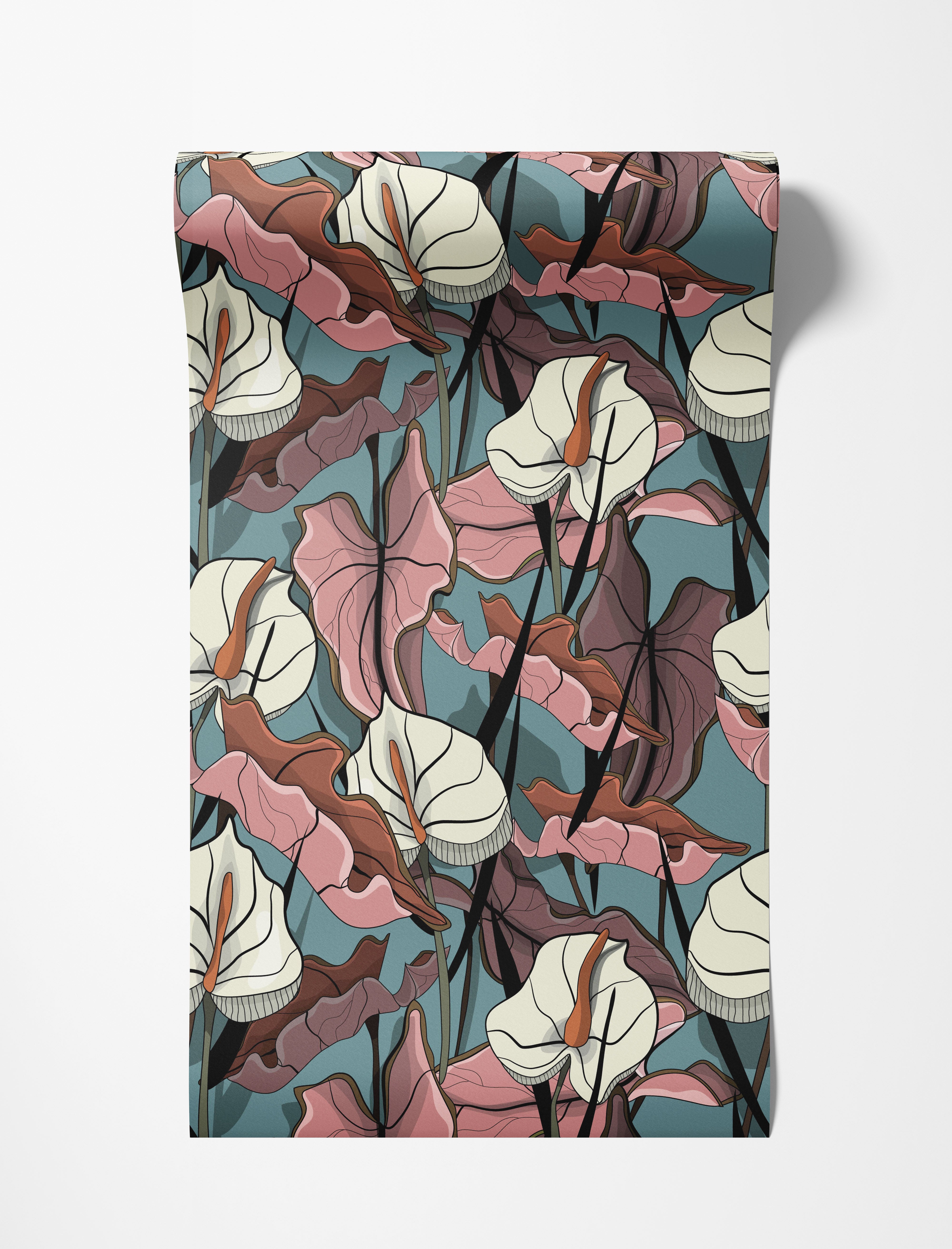 Stylized anthurium wallpaper with off-white flowers and pink leaves on a teal background. The design has bold black outlines.