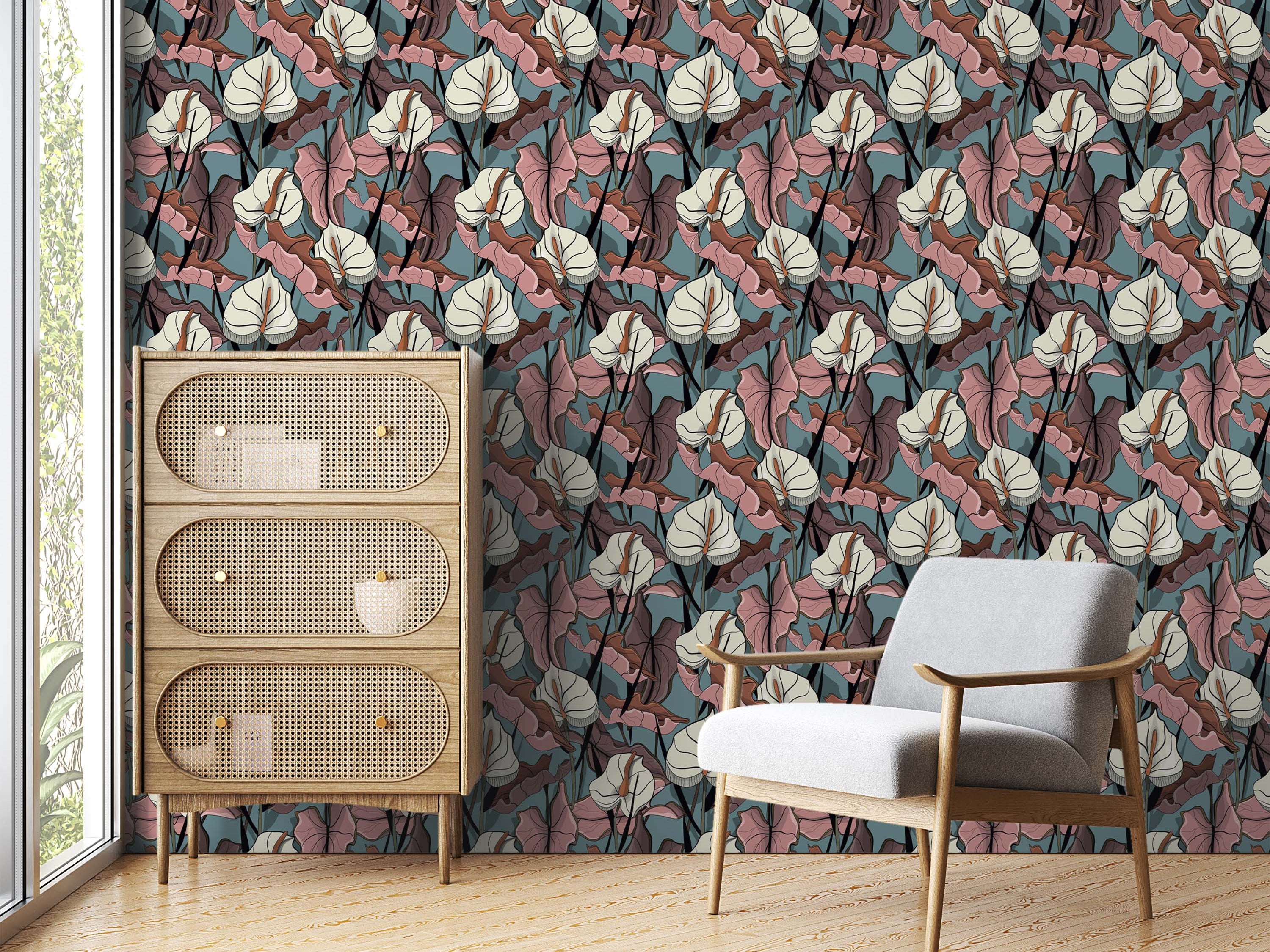 Wallpaper with a stylized pattern of off-white anthurium flowers and pink leaves on a muted teal background.