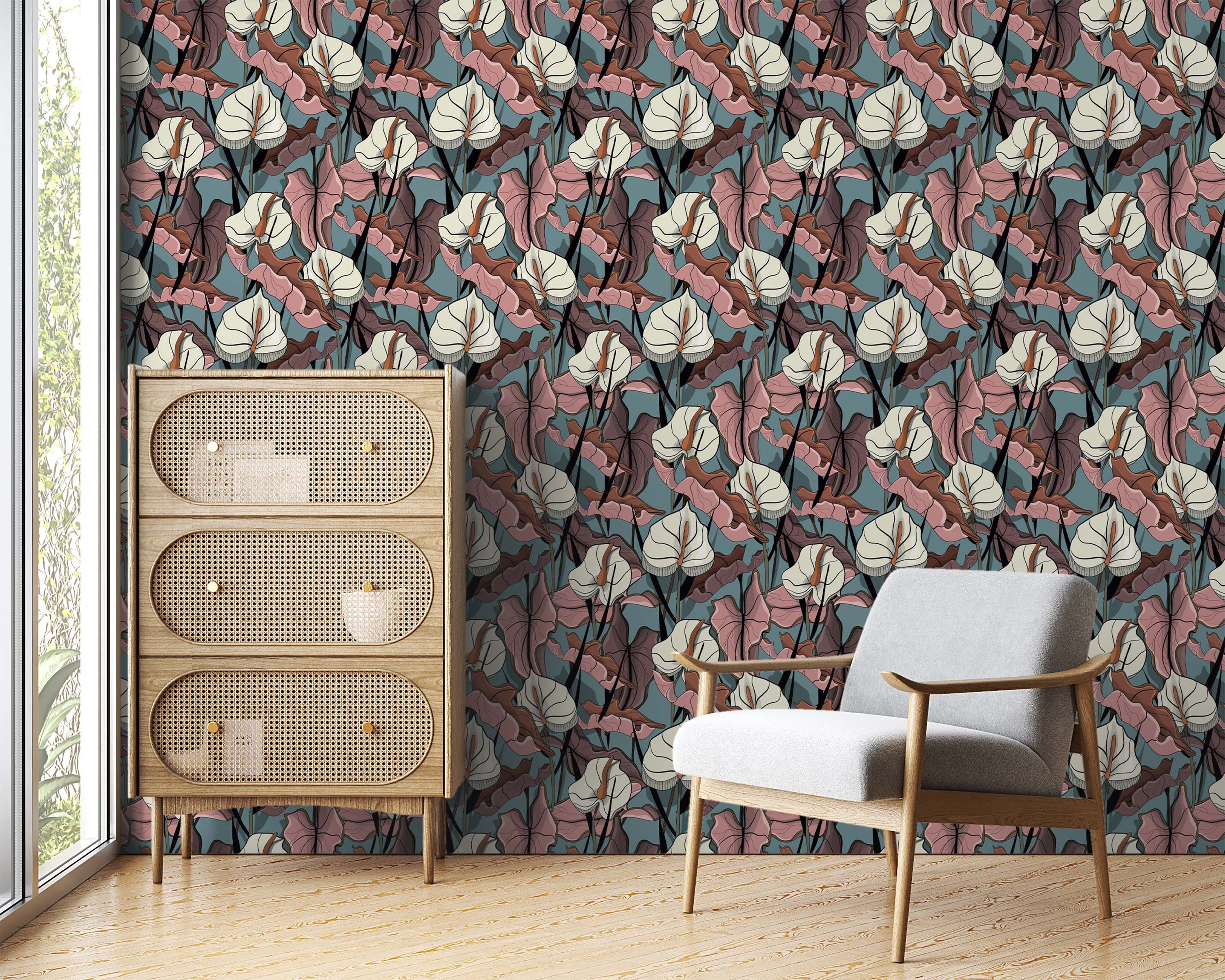 Wallpaper with a stylized pattern of off-white anthurium flowers and pink leaves on a muted teal background.