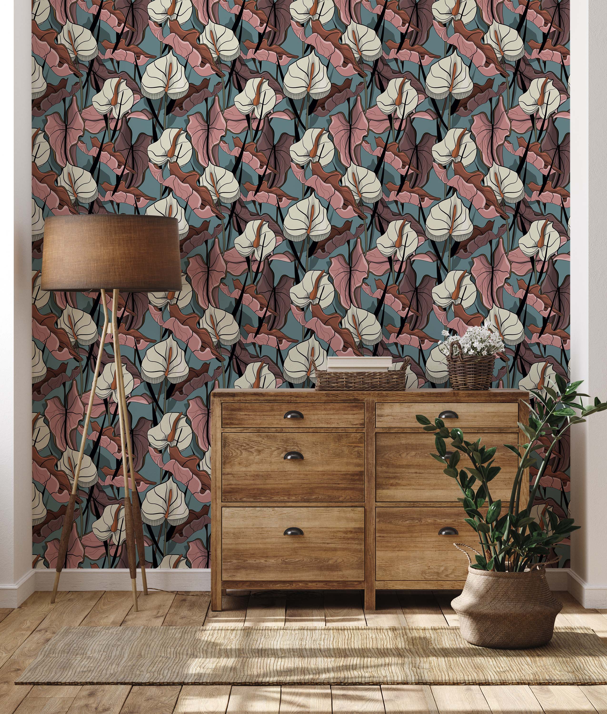A stylized wallpaper featuring a dense pattern of cream Anthurium flowers and pink leaves on a dusty blue background.