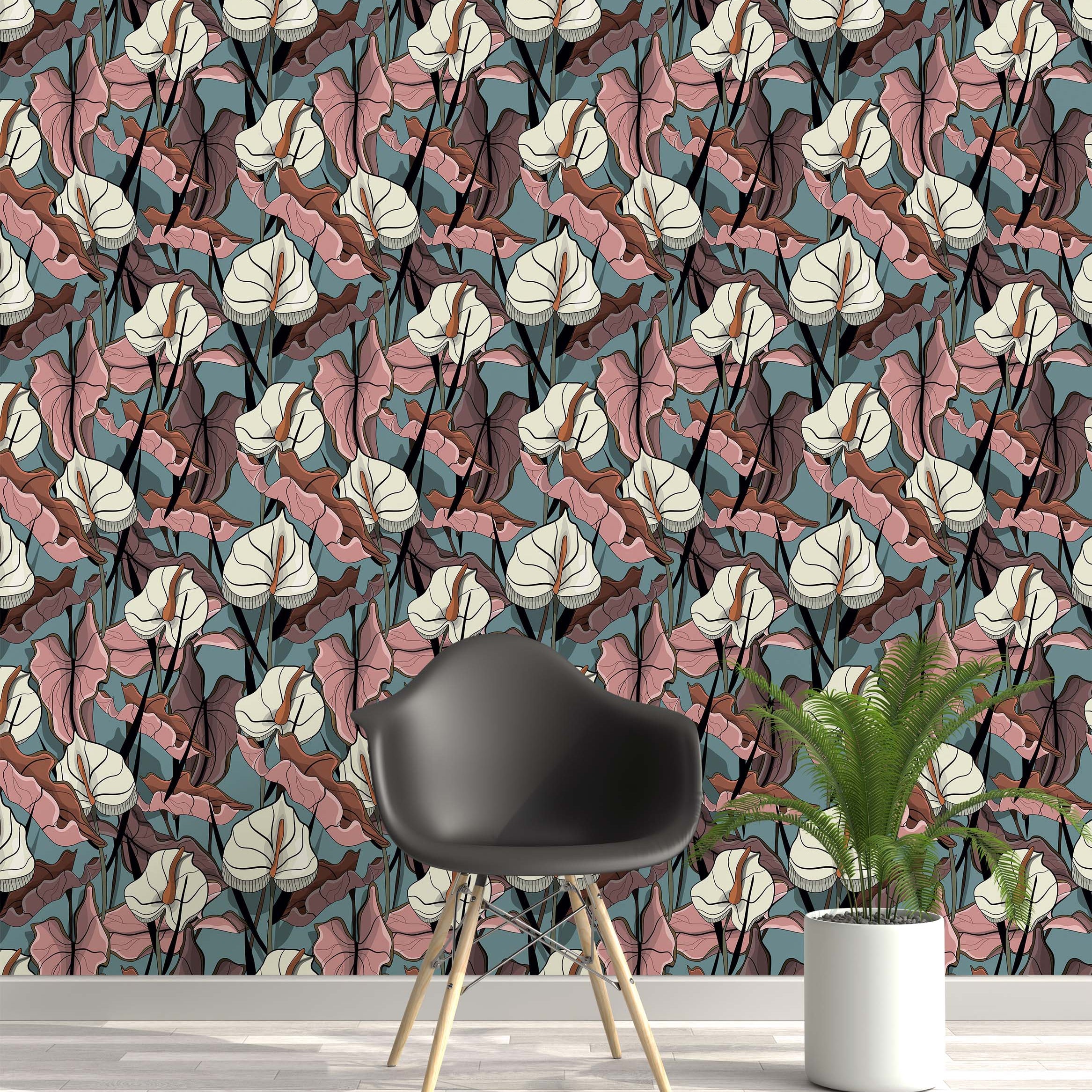 Wallpaper with a graphic pattern of cream anthurium flowers and dusty pink leaves with black outlines on a teal background.