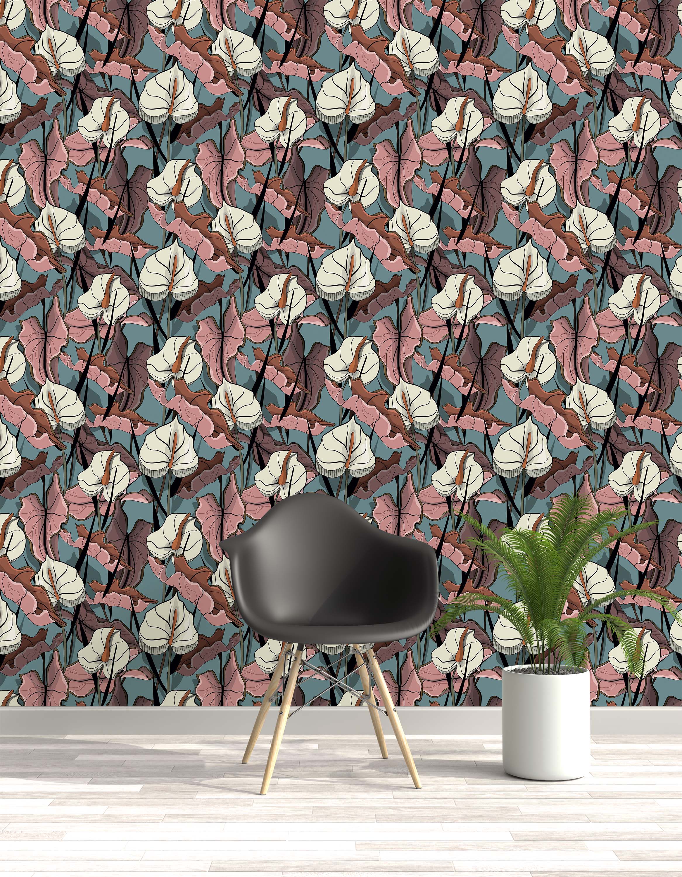 Wallpaper with a graphic pattern of cream anthurium flowers and dusty pink leaves with black outlines on a teal background.
