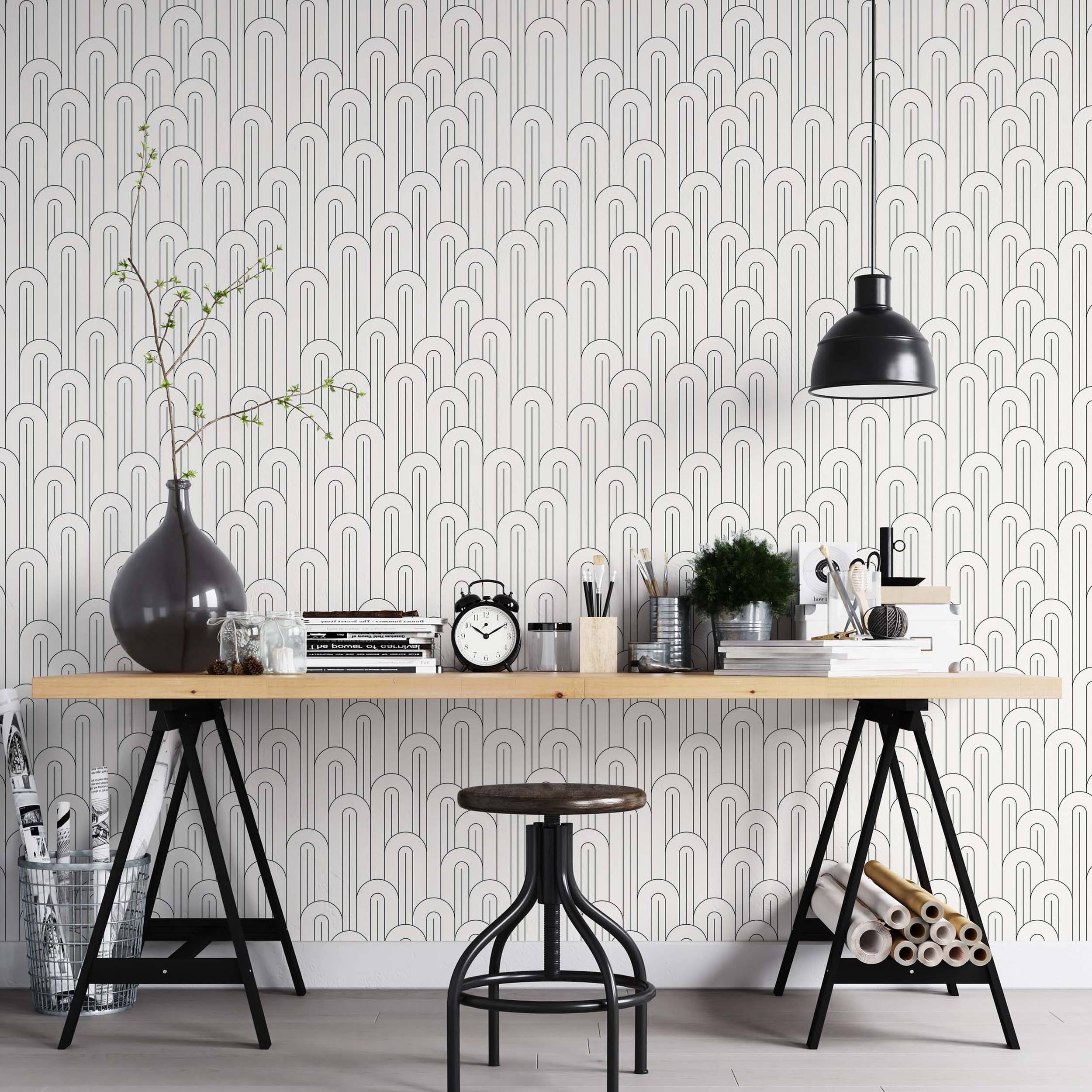 Wallpaper features a repeating geometric pattern of layered, elongated black line arches on a clean white background.