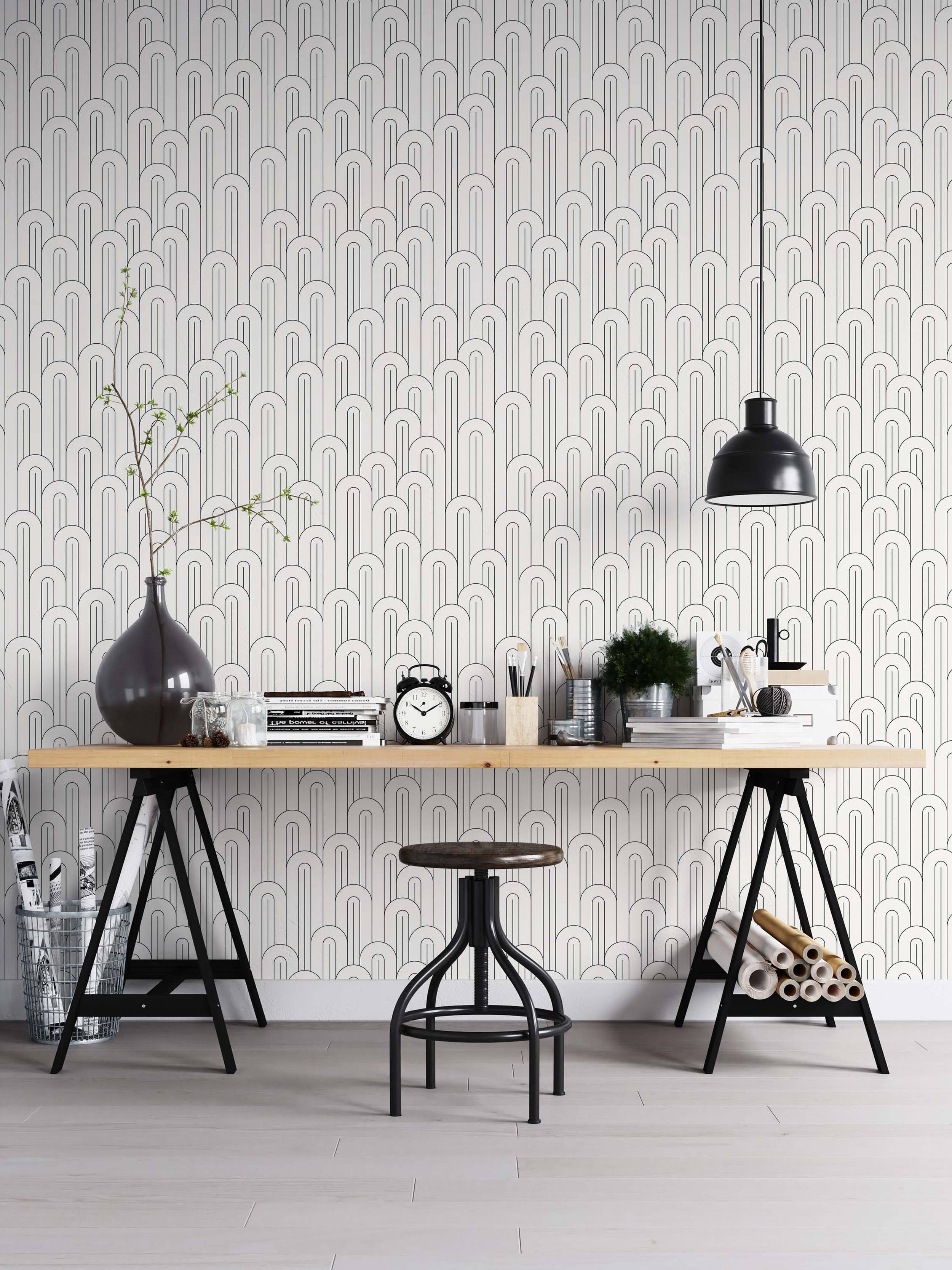 Wallpaper features a repeating geometric pattern of layered, elongated black line arches on a clean white background.