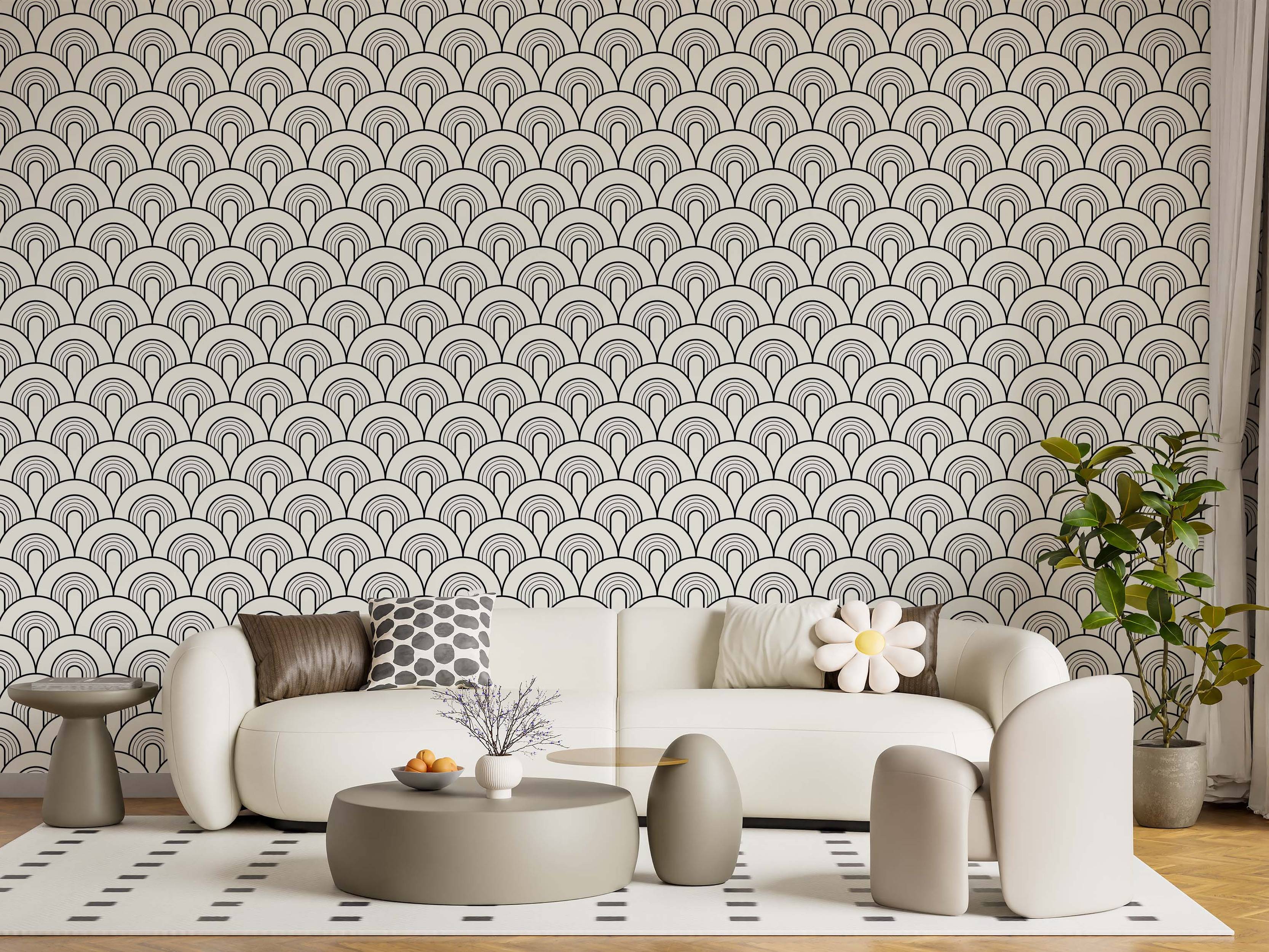 Art Deco style wallpaper with a repeating pattern of nested black line arches on a light beige background.