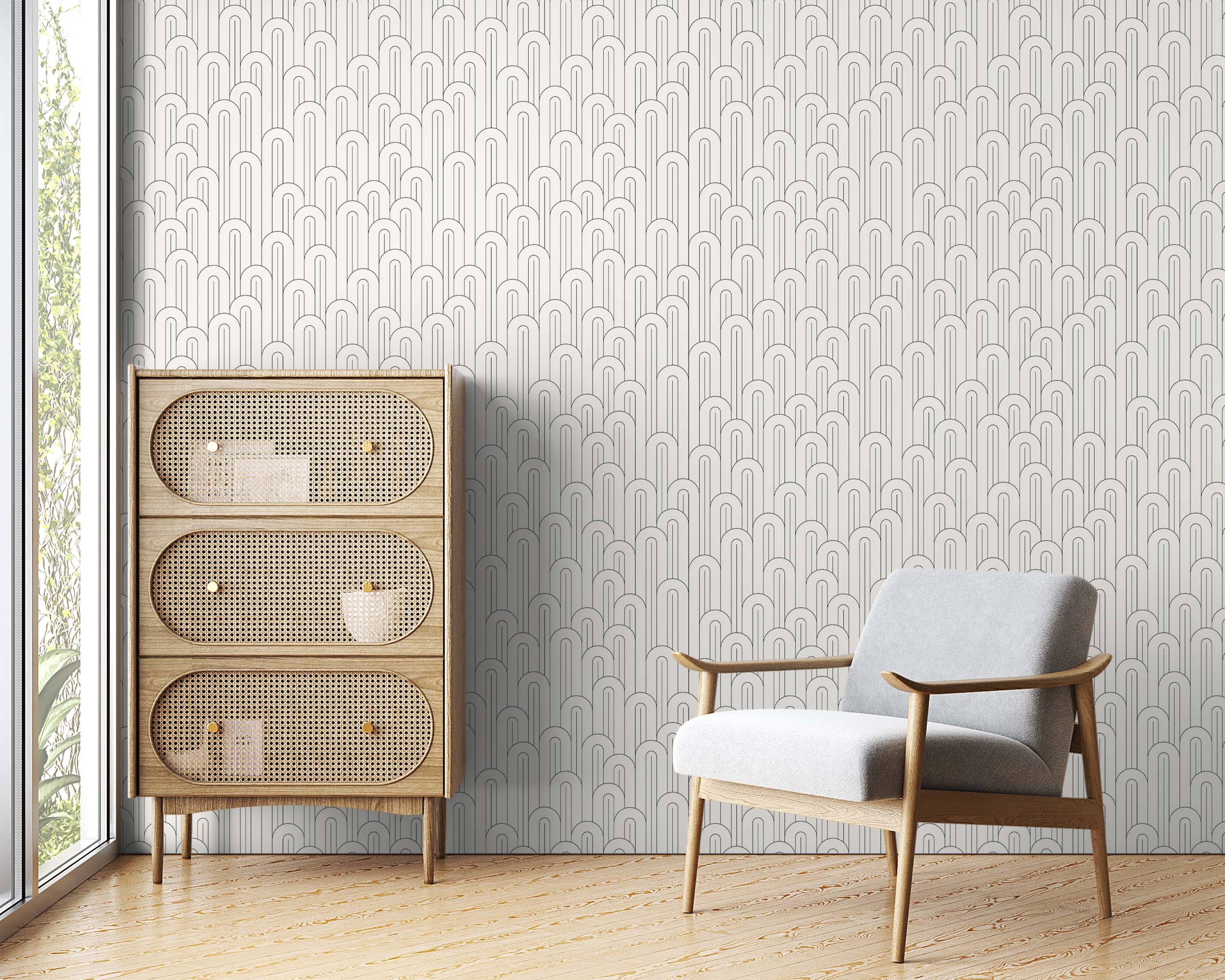 Wallpaper with a repeating geometric pattern of thin black outlined arches layered on a white background.