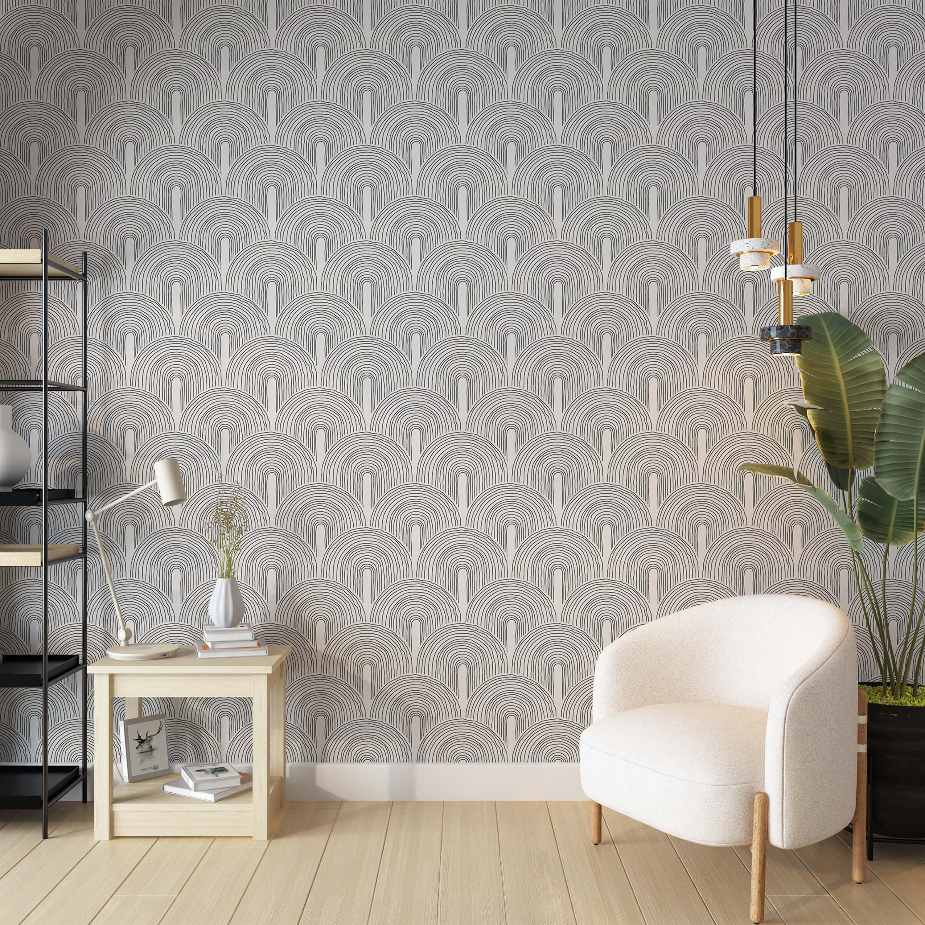 Wallpaper featuring a repeating pattern of hand-drawn black line arches creating a scale-like effect on an off-white background.