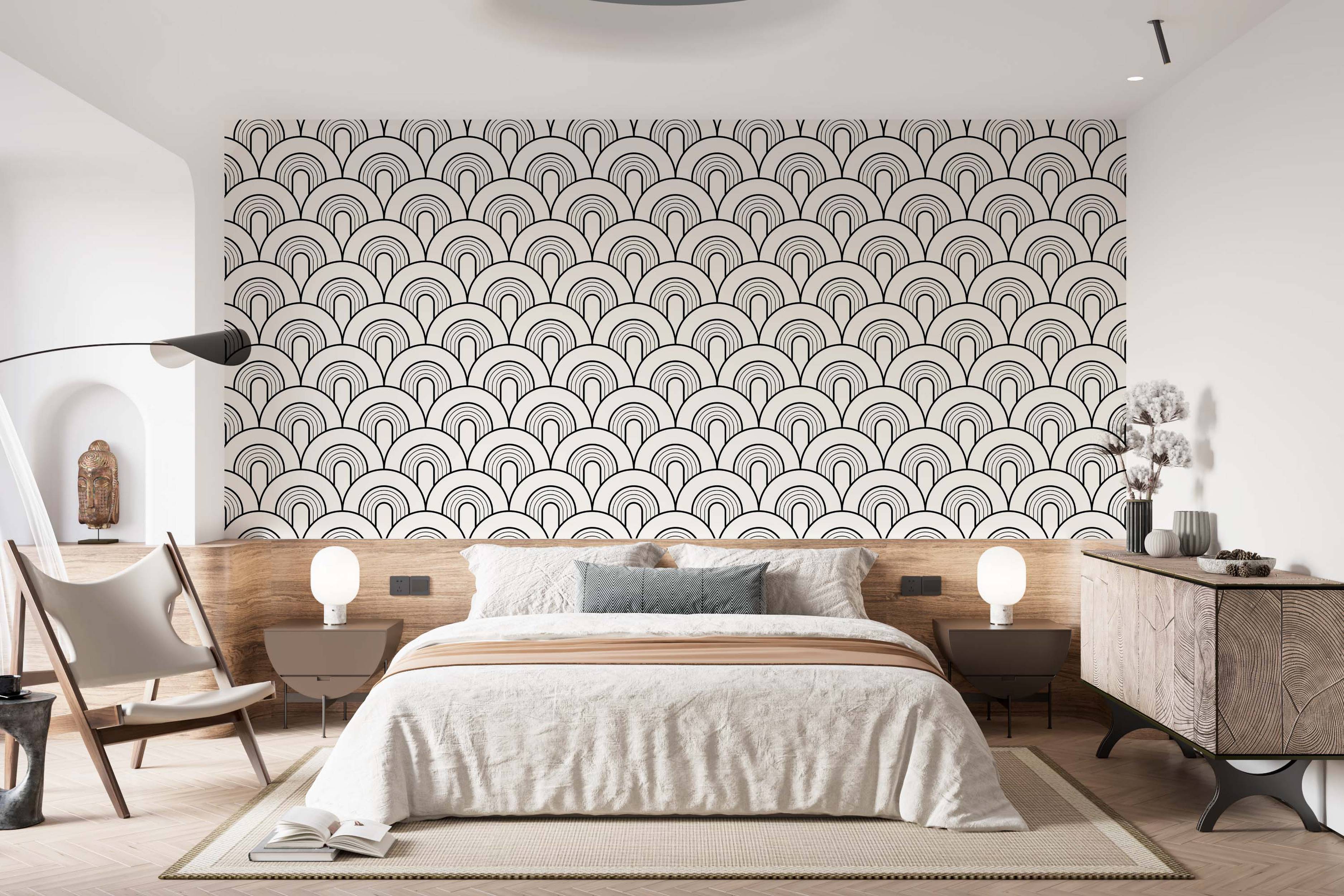 Geometric wallpaper featuring a repeating pattern of nested black line arches on an off-white background, creating a scallop effect.