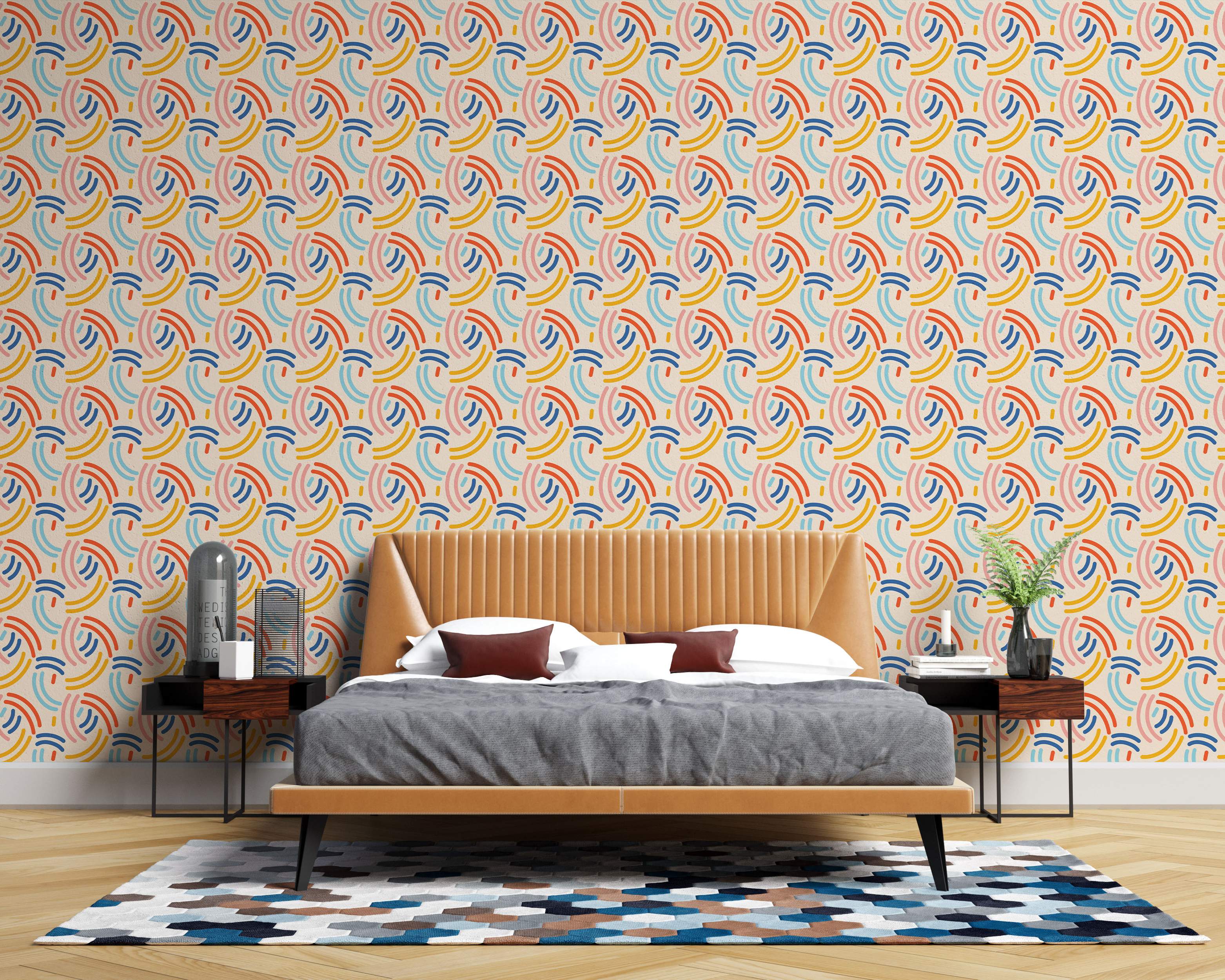 Wallpaper with a repeating pattern of curved arc groups in red, blue, yellow, pink, and light blue on a cream background.
