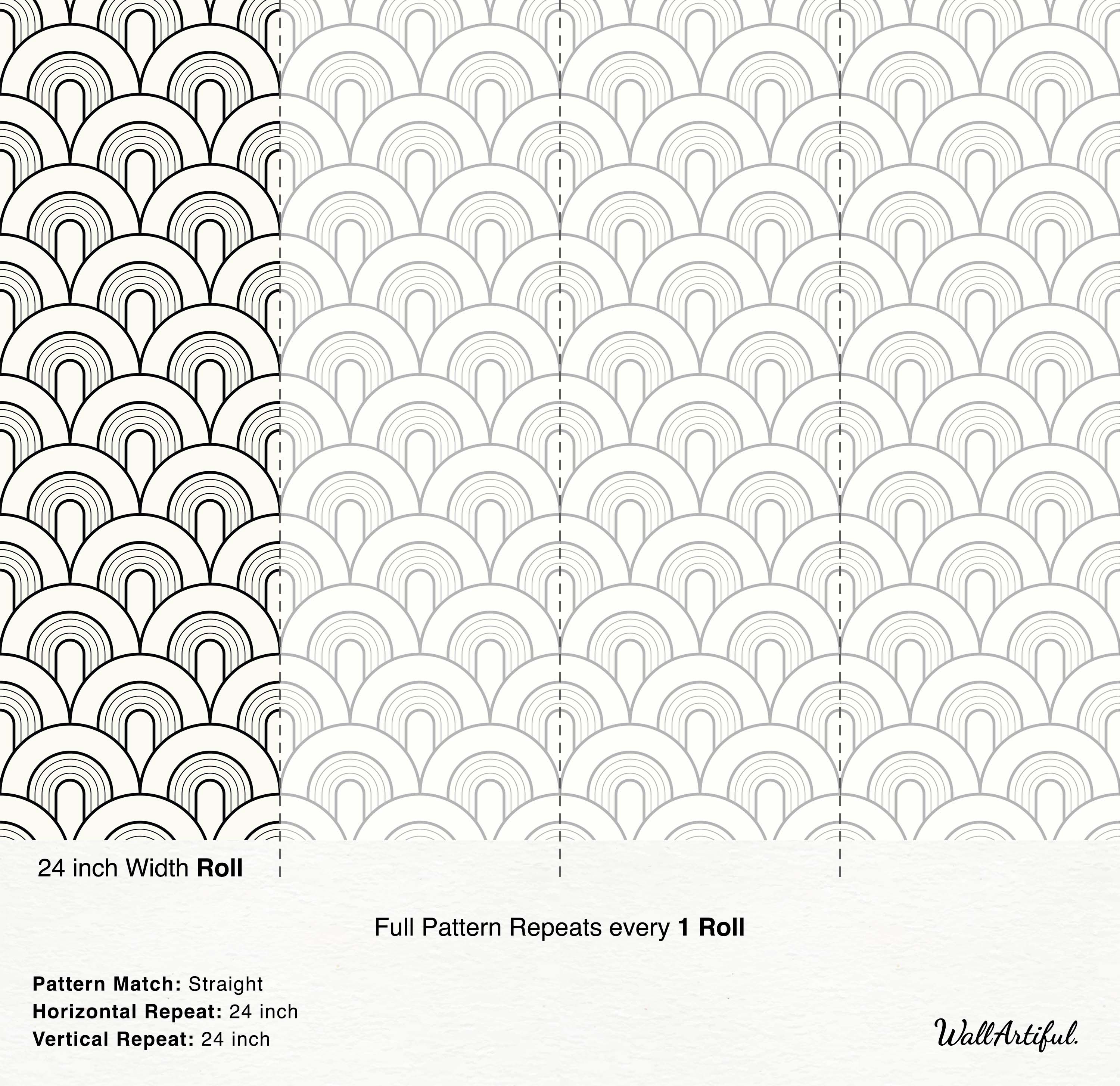 Art Deco style wallpaper featuring repeating black outlined arches and scallops on an off-white background.