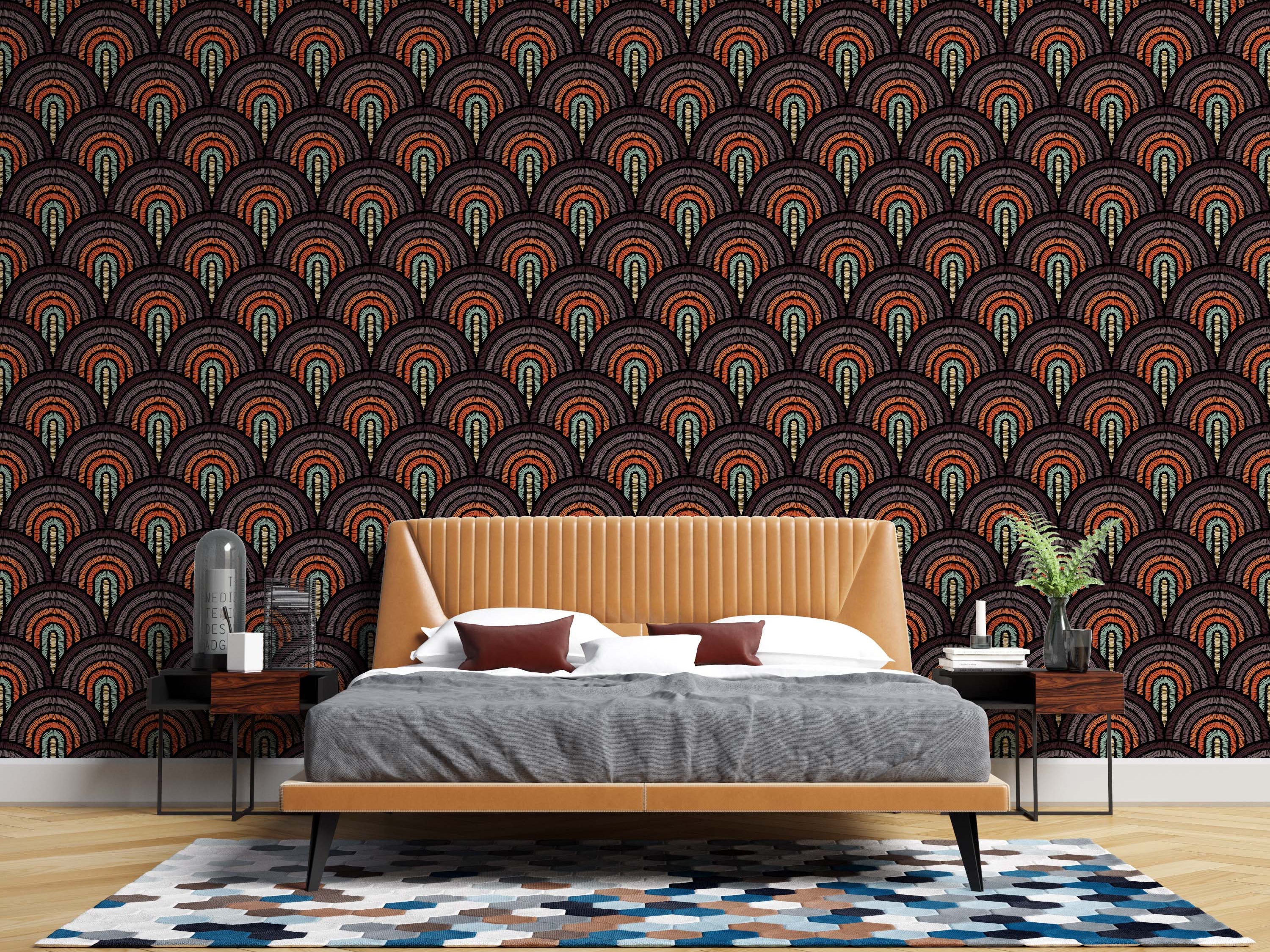 Art Deco wallpaper displaying repeating, embroidered arches in dark brown, orange, muted teal, and pale yellow.