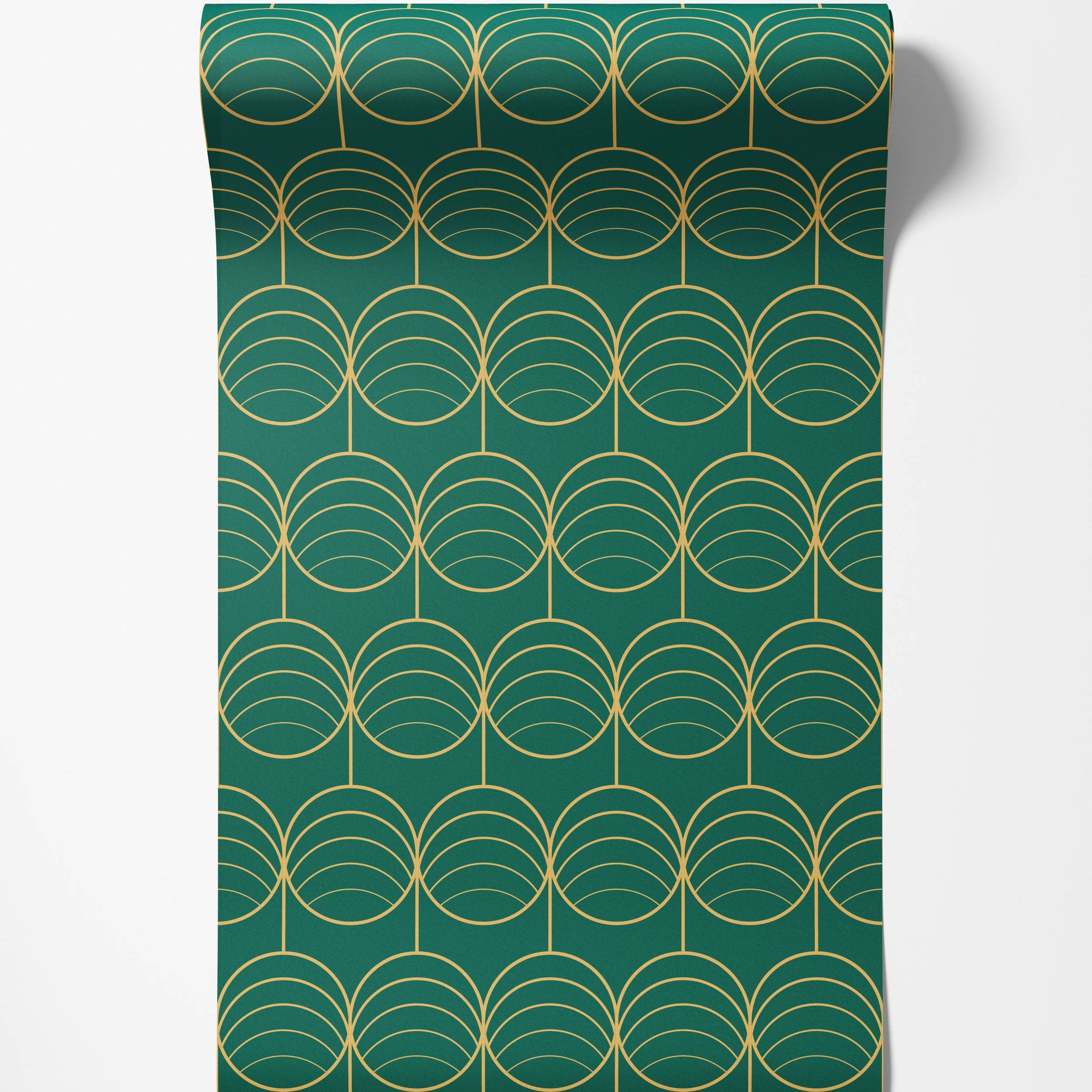 Art Deco wallpaper with a repeating pattern of interconnected golden circles, each featuring internal arcs, on a dark green background.