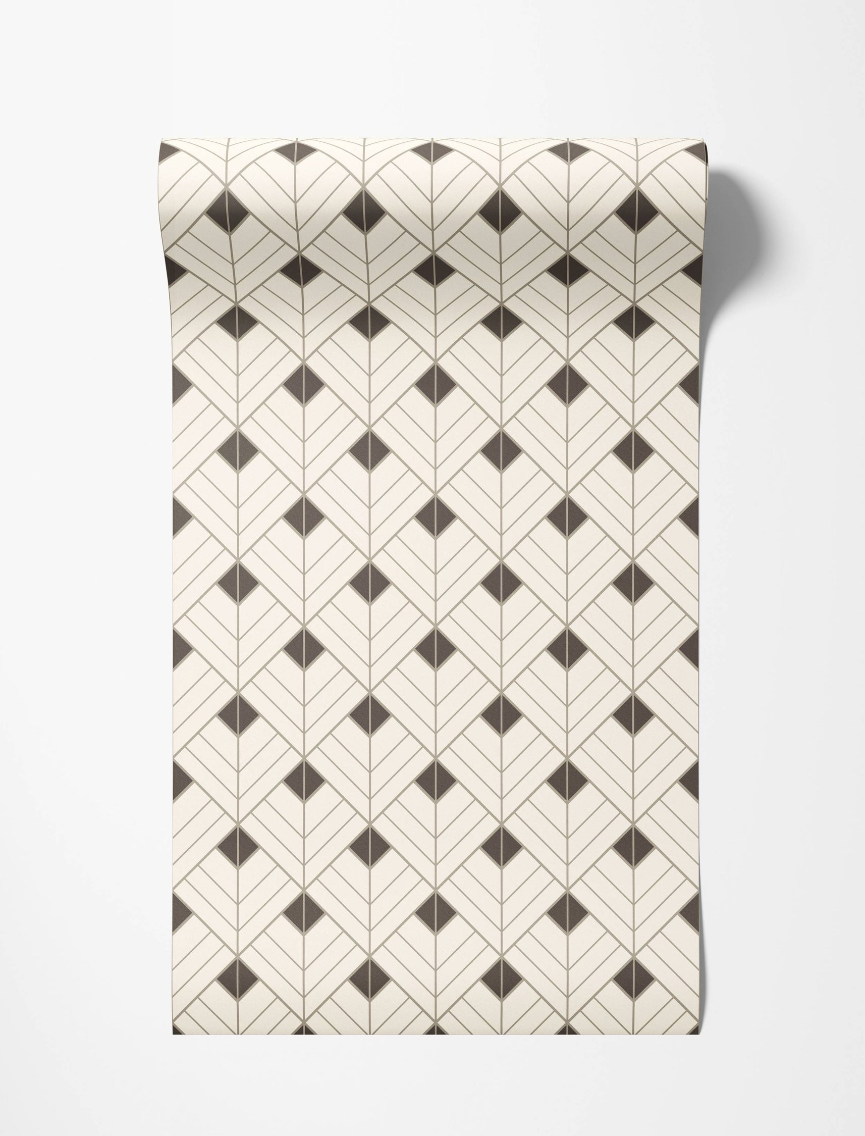 Art Deco wallpaper with a geometric pattern of dark brown diamonds and beige chevrons on a cream background.