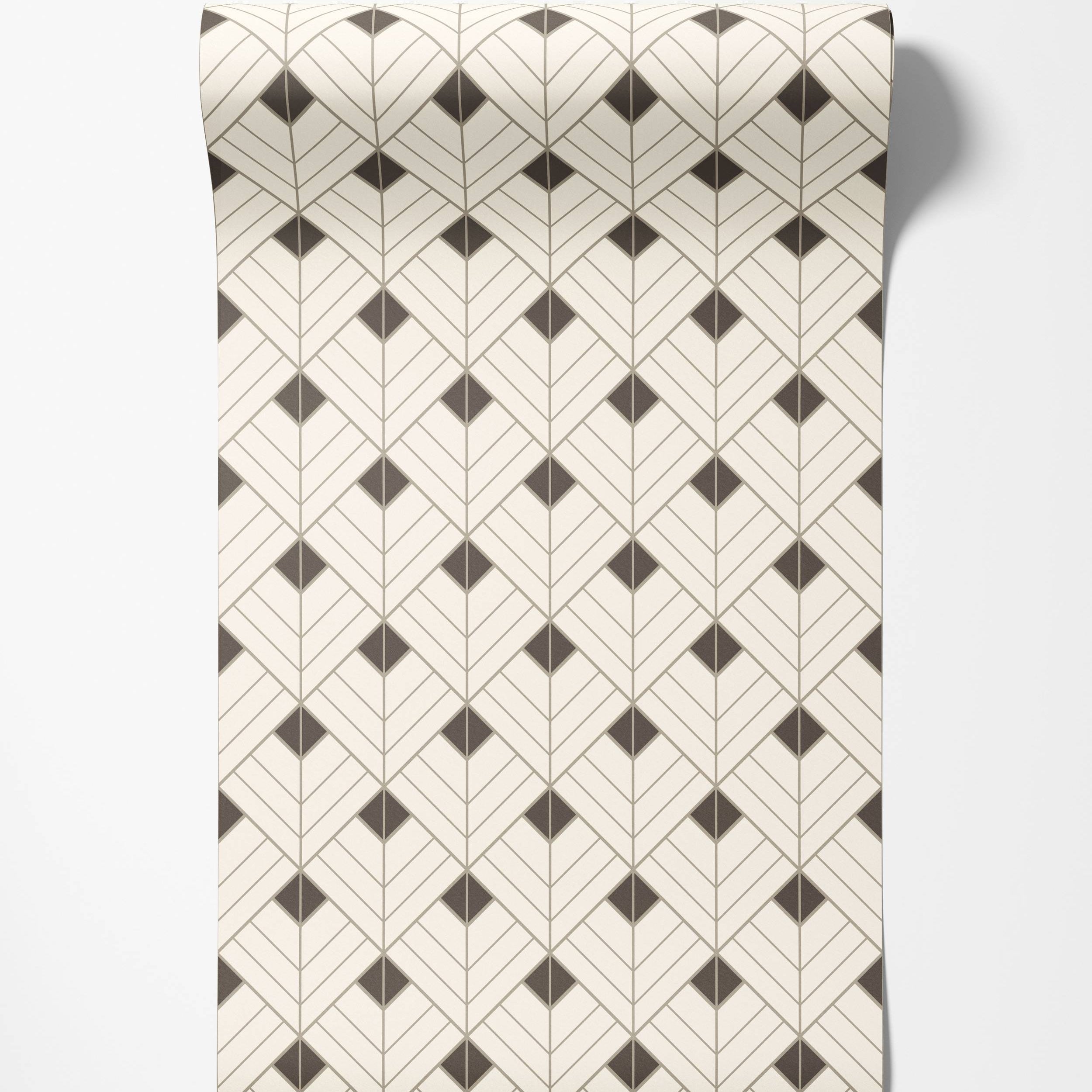 Art Deco wallpaper with a geometric pattern of dark brown diamonds and beige chevrons on a cream background.