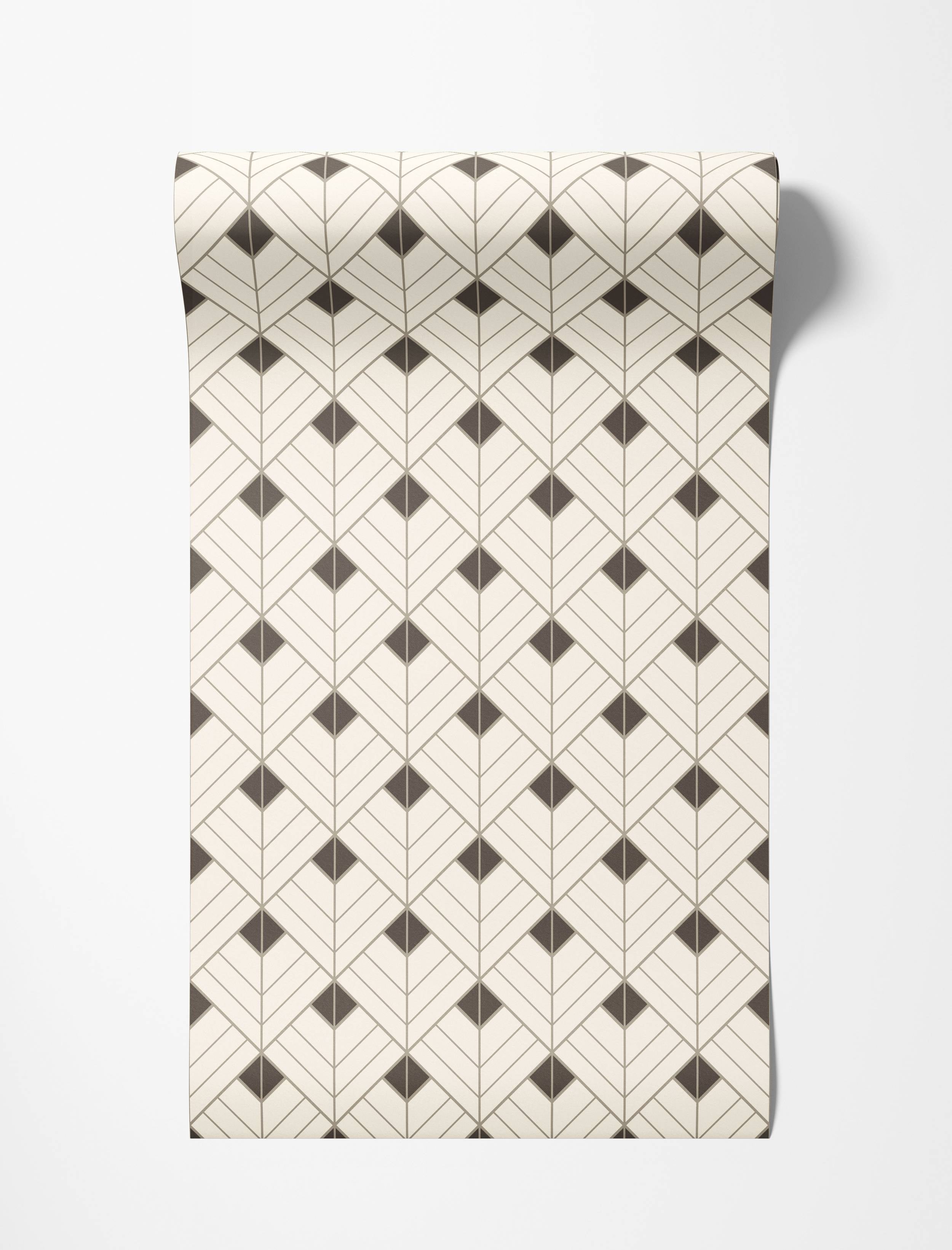 Art Deco wallpaper with a geometric pattern of dark brown diamonds and beige chevrons on a cream background.