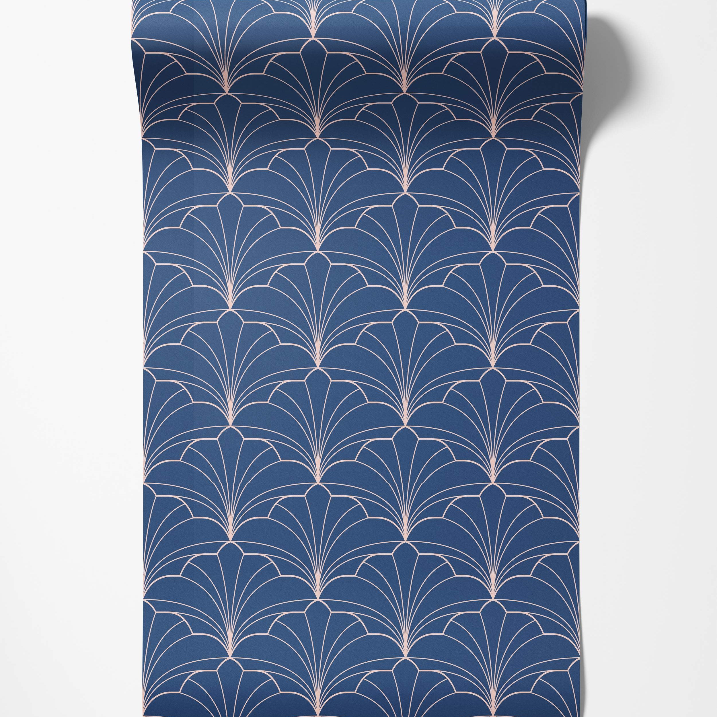 Art Deco style wallpaper featuring a geometric fan pattern with thin pink lines on a dark navy blue background.