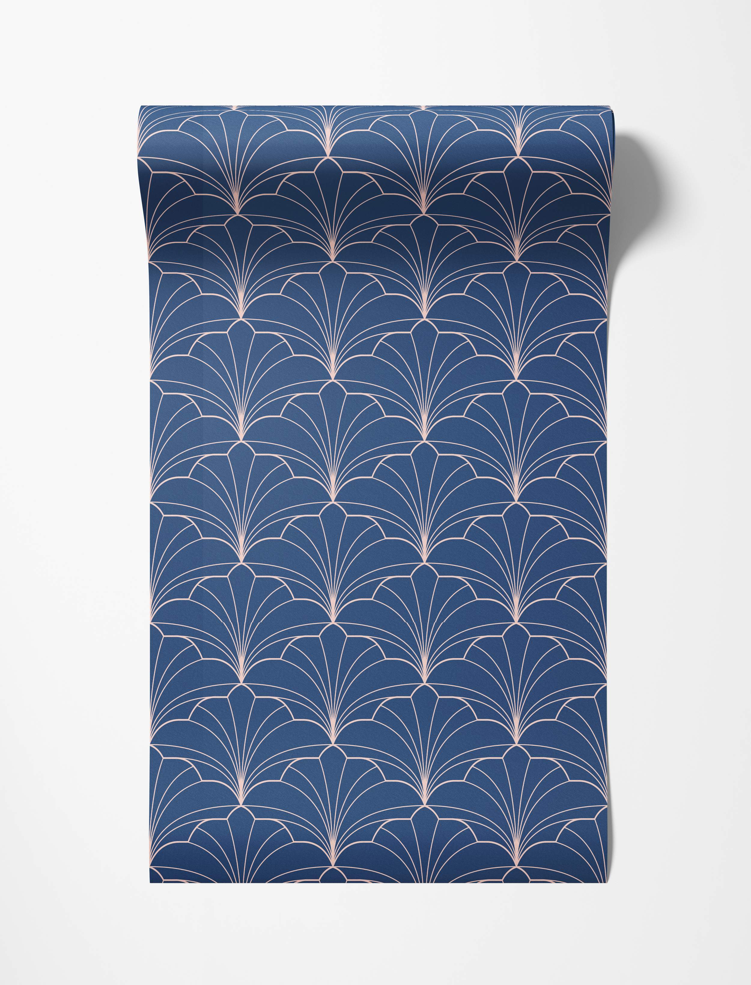 Art Deco style wallpaper featuring a geometric fan pattern with thin pink lines on a dark navy blue background.
