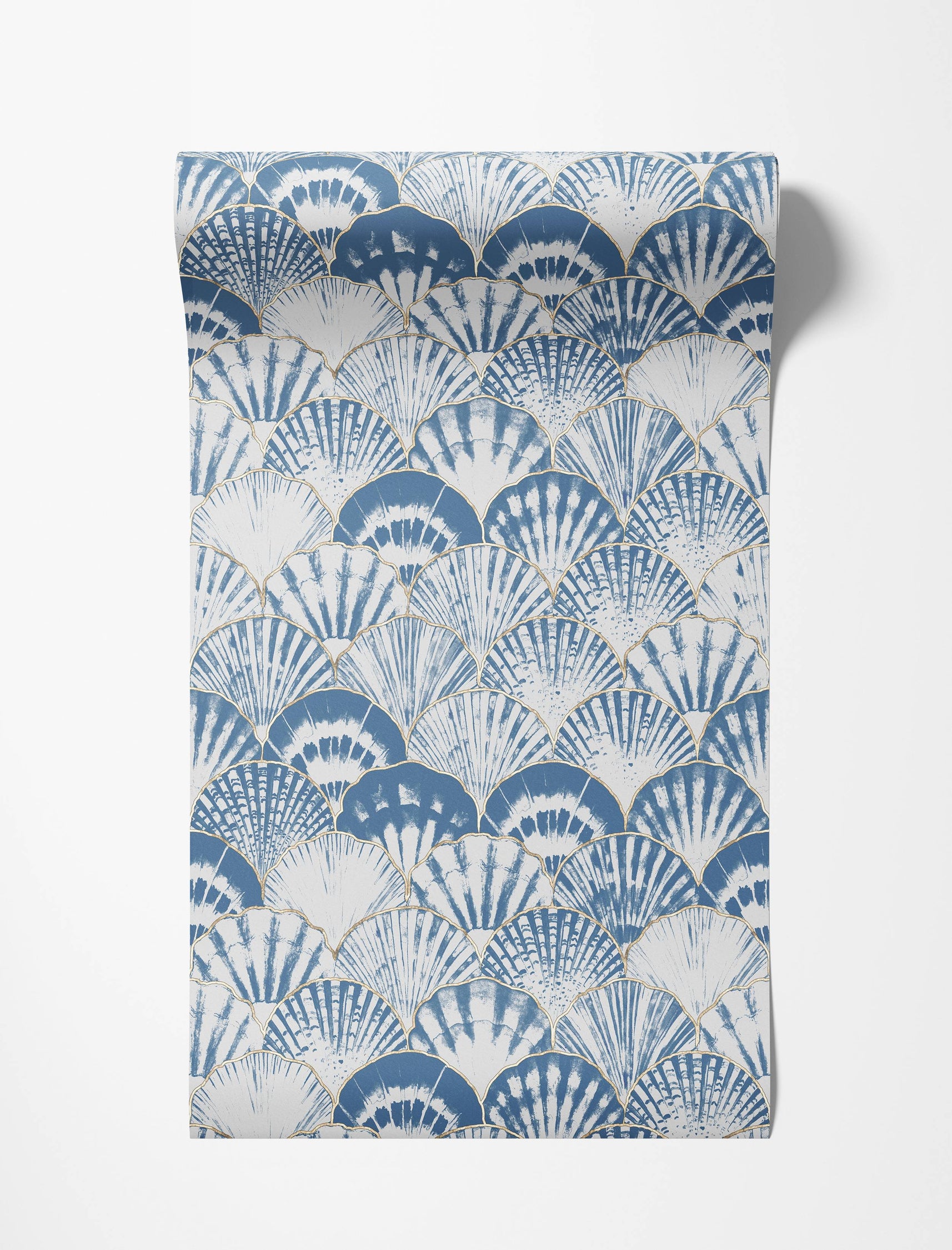 Art Deco wallpaper with a layered fan pattern in blue, white, and gold, featuring varied blue textures and gold outlines.