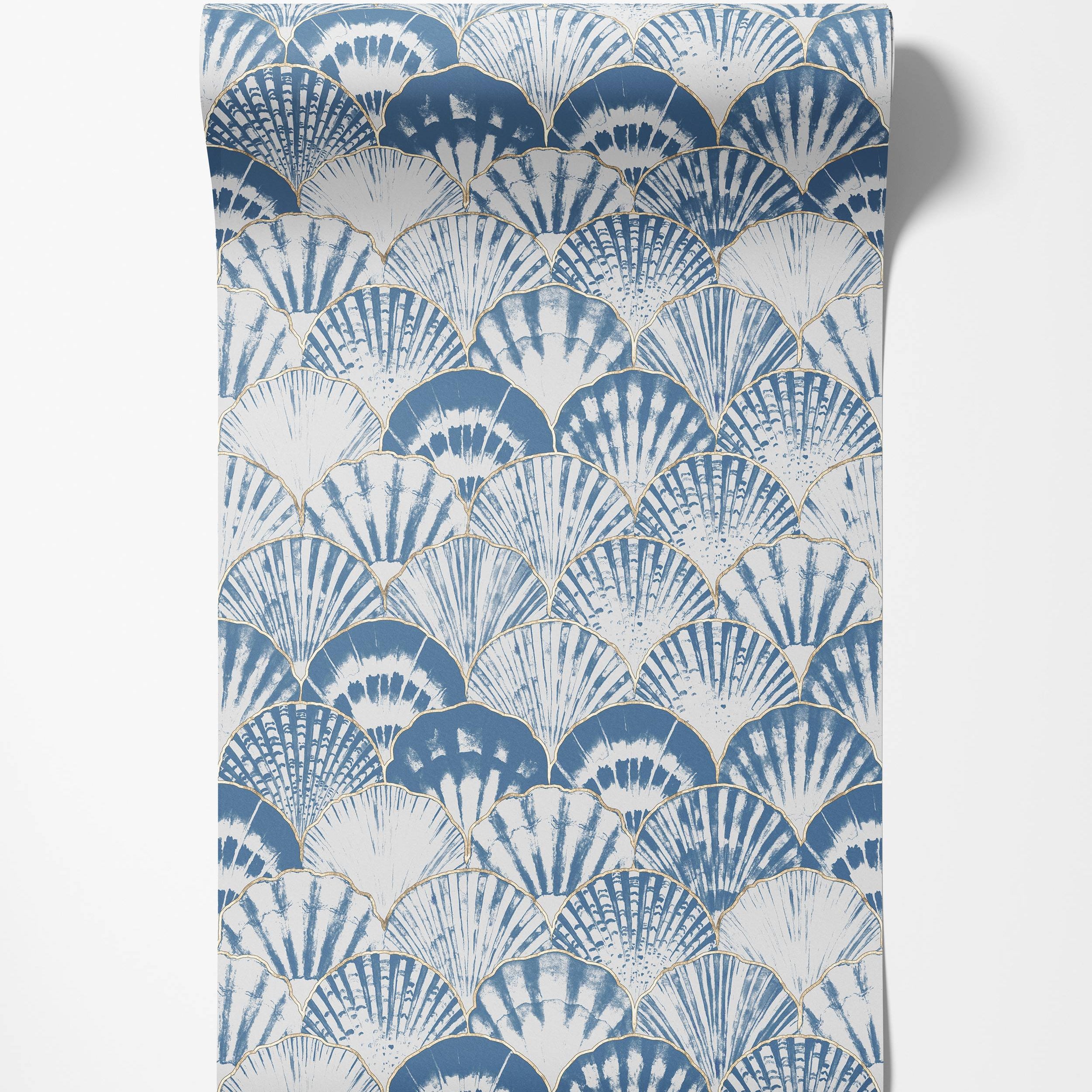 Art Deco wallpaper with a layered fan pattern in blue, white, and gold, featuring varied blue textures and gold outlines.
