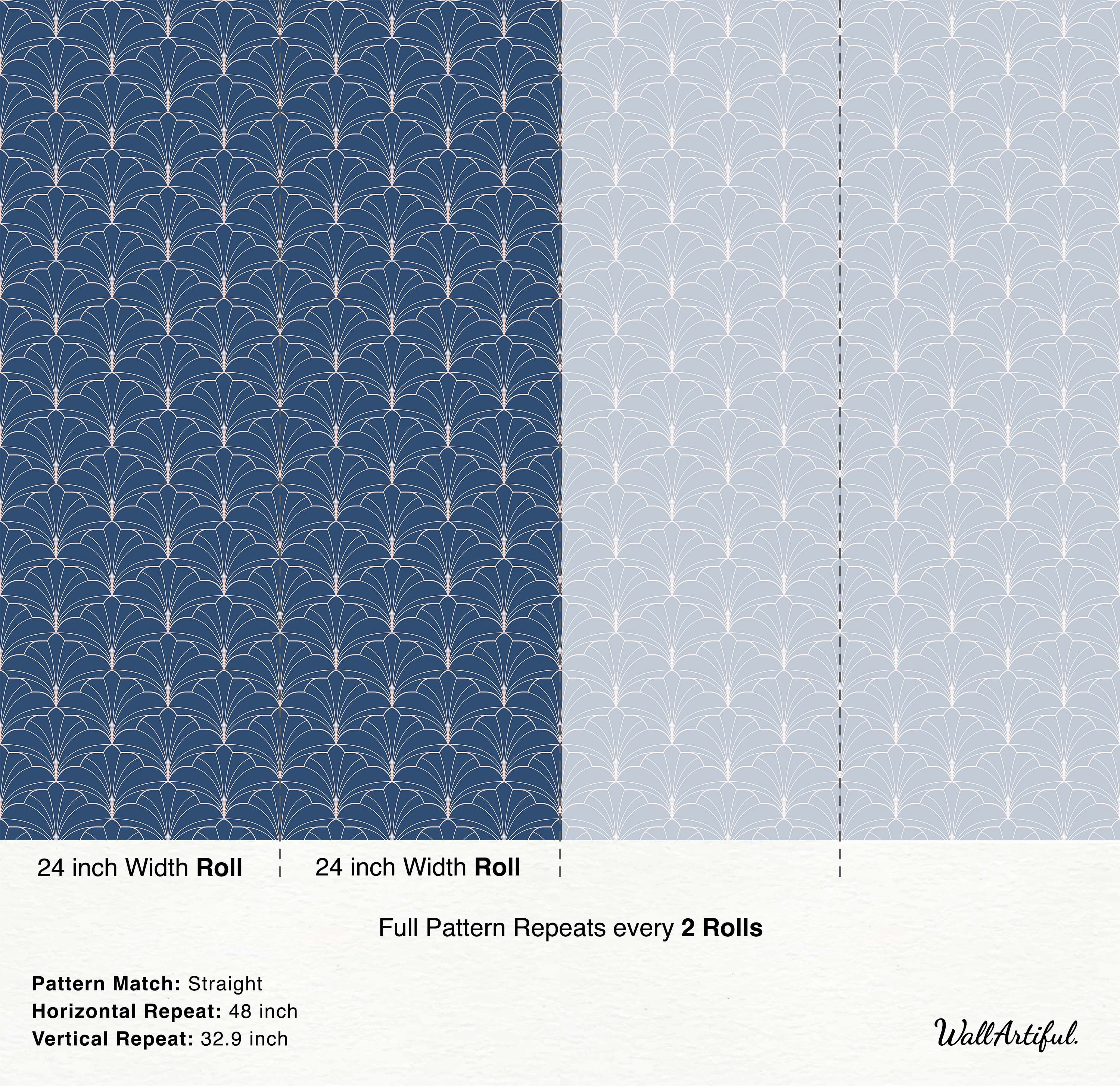 Art Deco wallpaper featuring geometric fan shapes outlined in pink on alternating navy blue and light blue backgrounds.