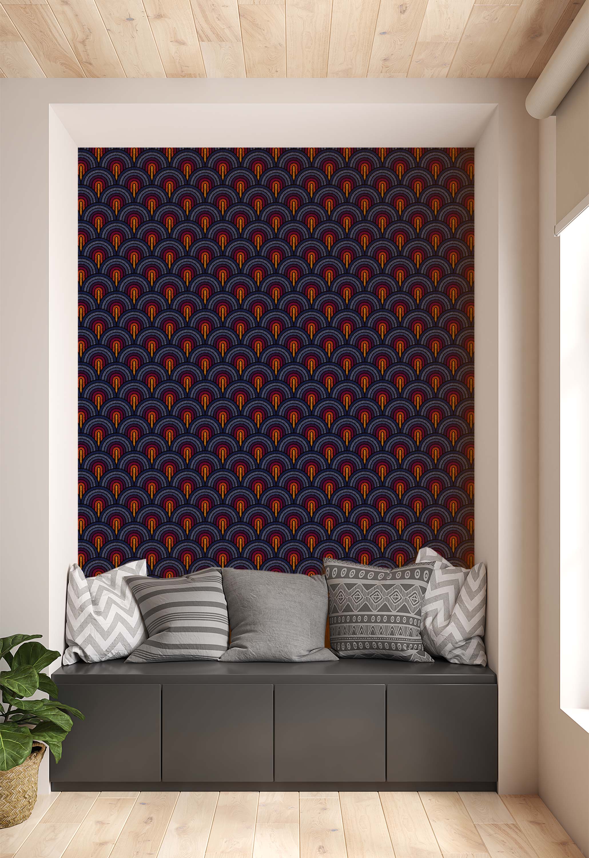 Art Deco wallpaper with a repeating fan pattern in yellow, orange, red, and light blue, set on a dark navy background.