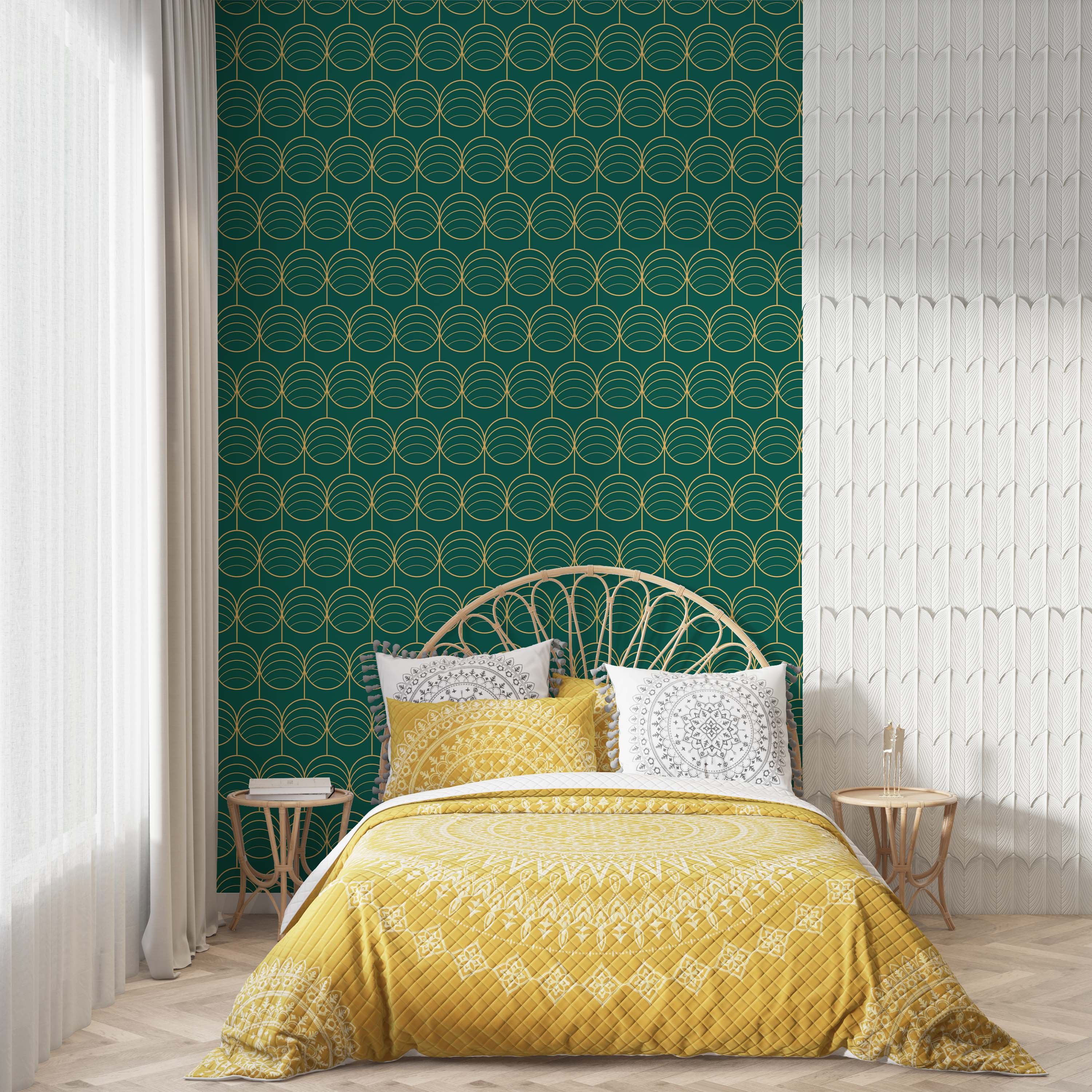 Art deco wallpaper displaying a repeated pattern of gold outlined fan shapes against a deep green background.