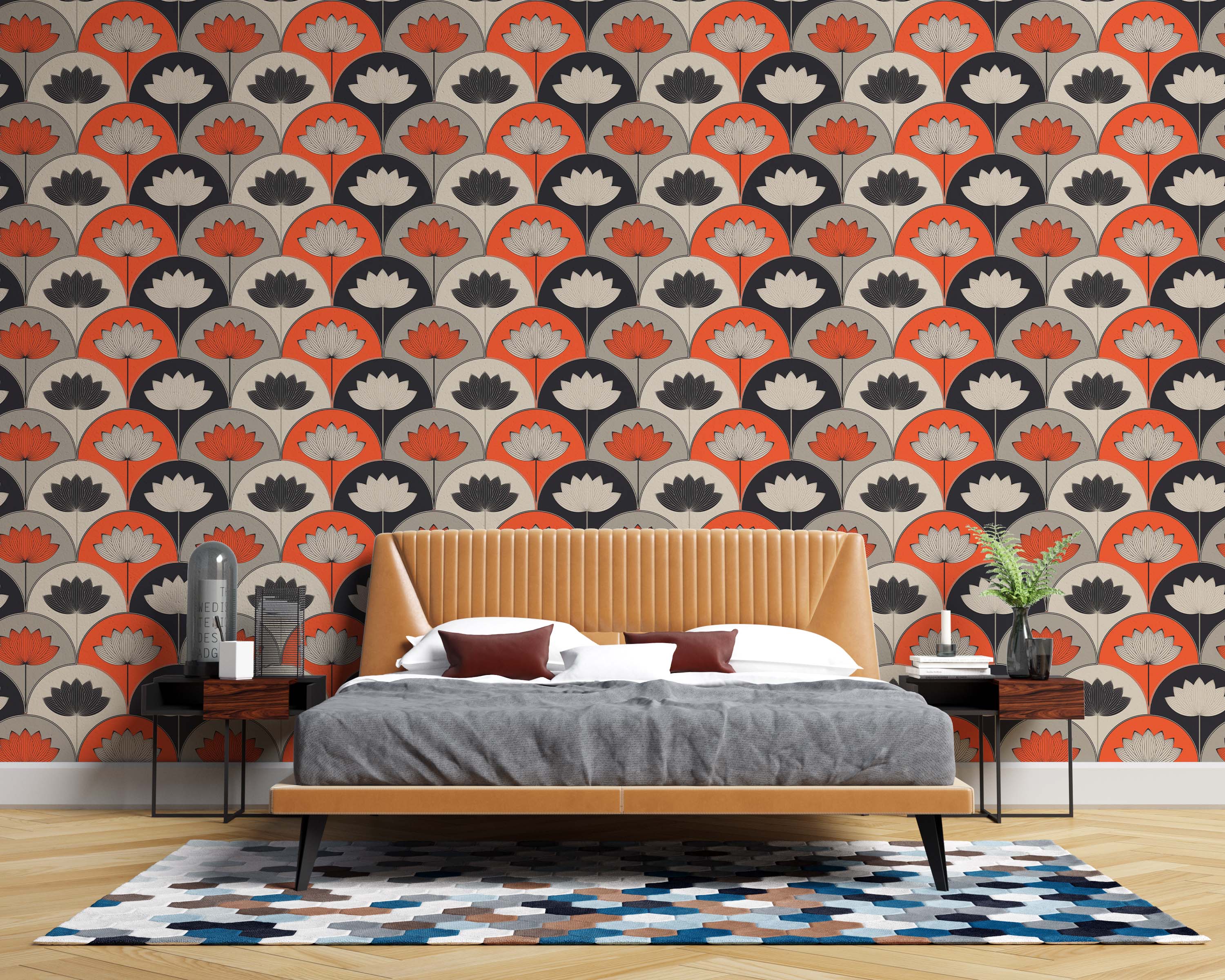 An Art Deco wallpaper with a repeating scallop pattern of stylized lotus flowers in orange, black, and off-white.