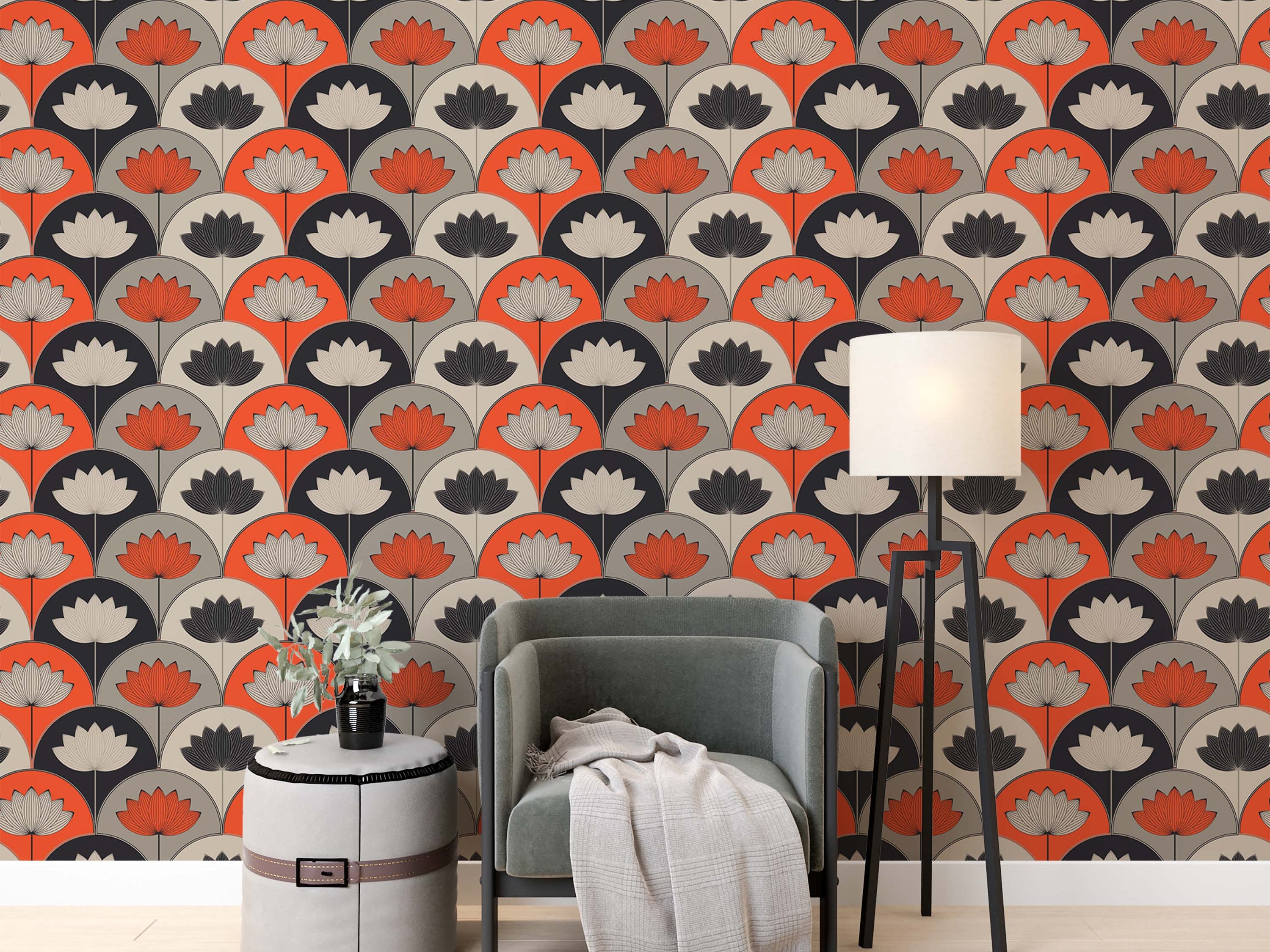 Art Deco wallpaper featuring a stylized lotus flower pattern in a scalloped grid of orange, black, and grey.