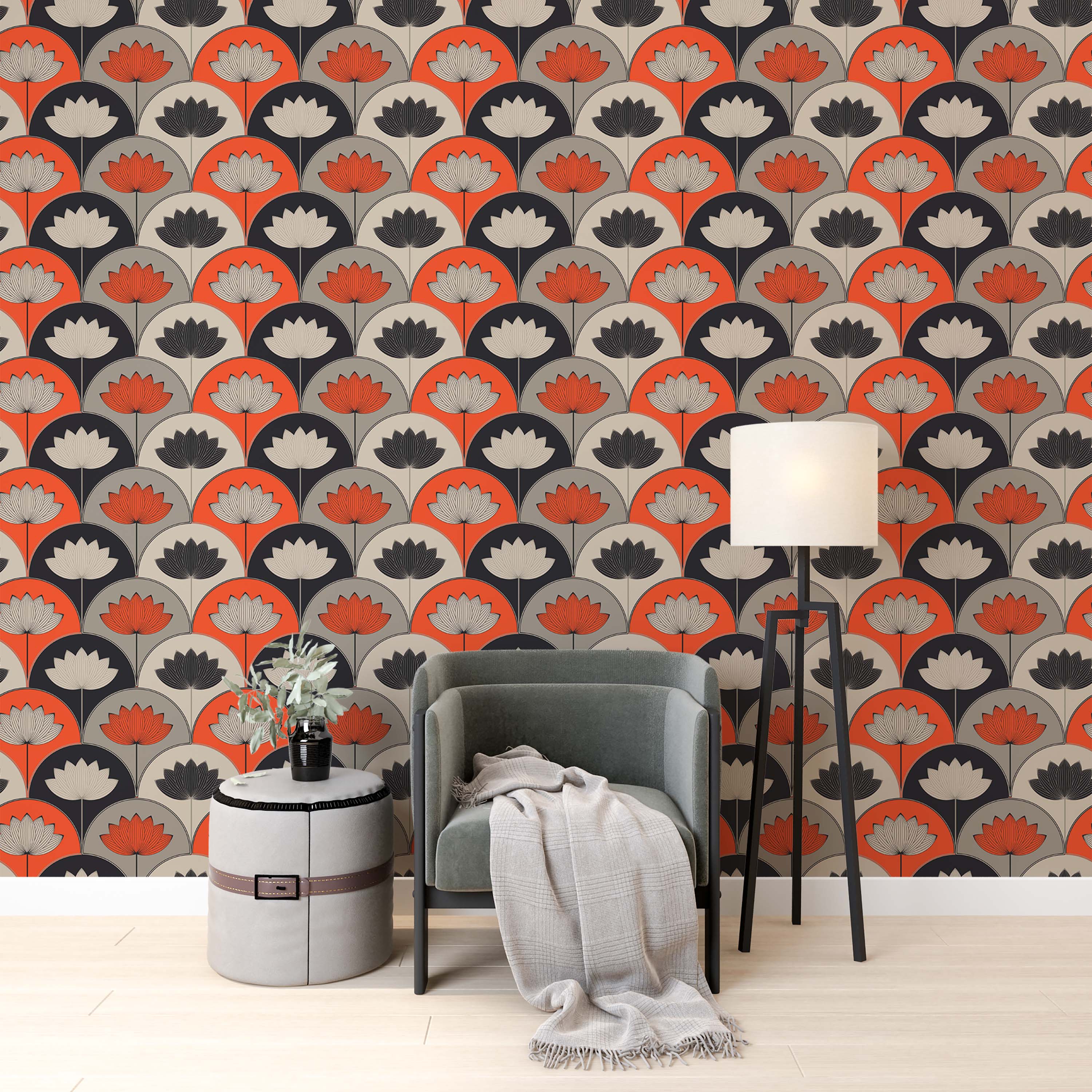 Art Deco wallpaper featuring a stylized lotus flower pattern in a scalloped grid of orange, black, and grey.