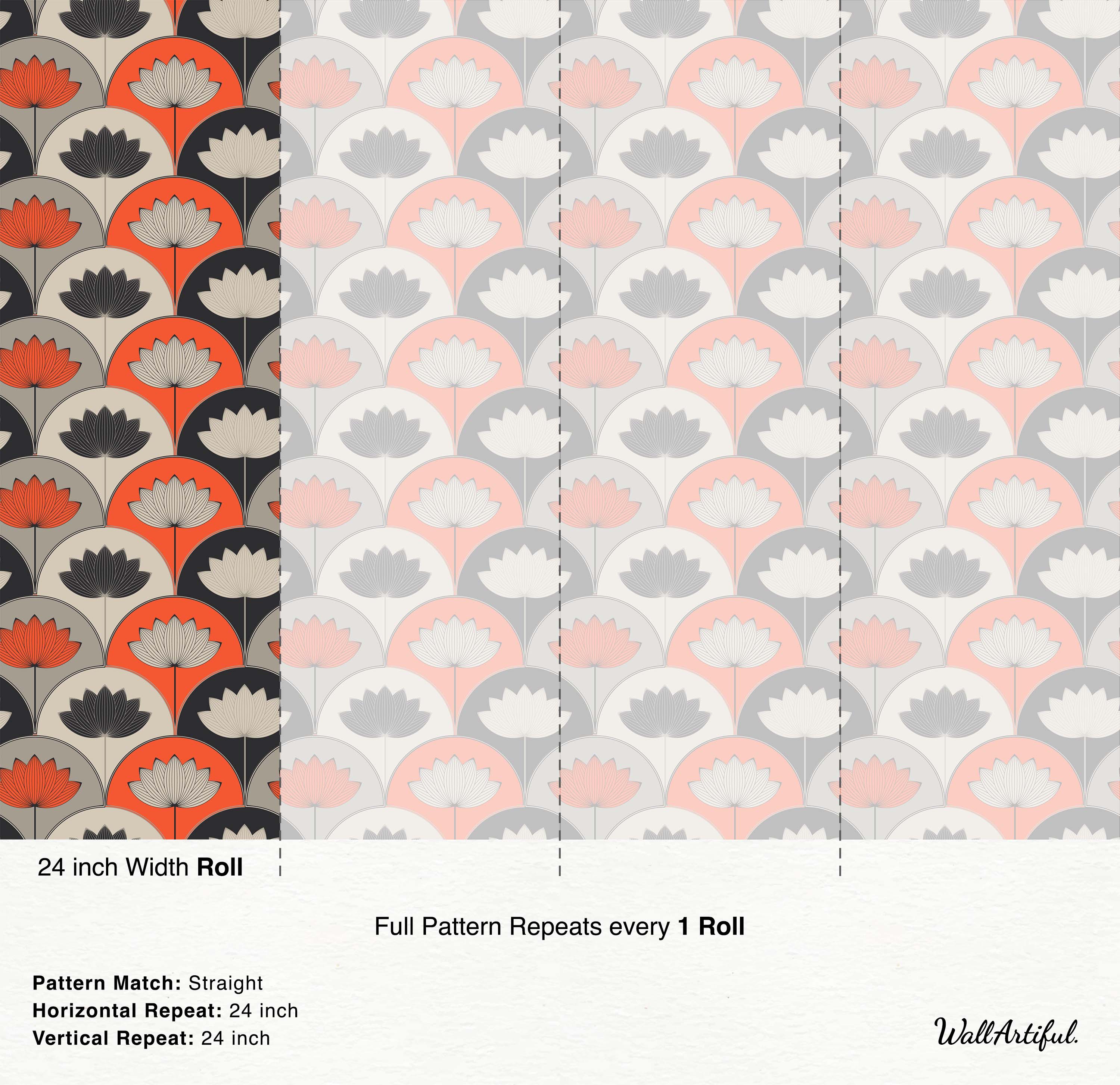Art Deco wallpaper with a geometric scallop pattern featuring stylized lotus flowers in orange, black, beige, and gray.