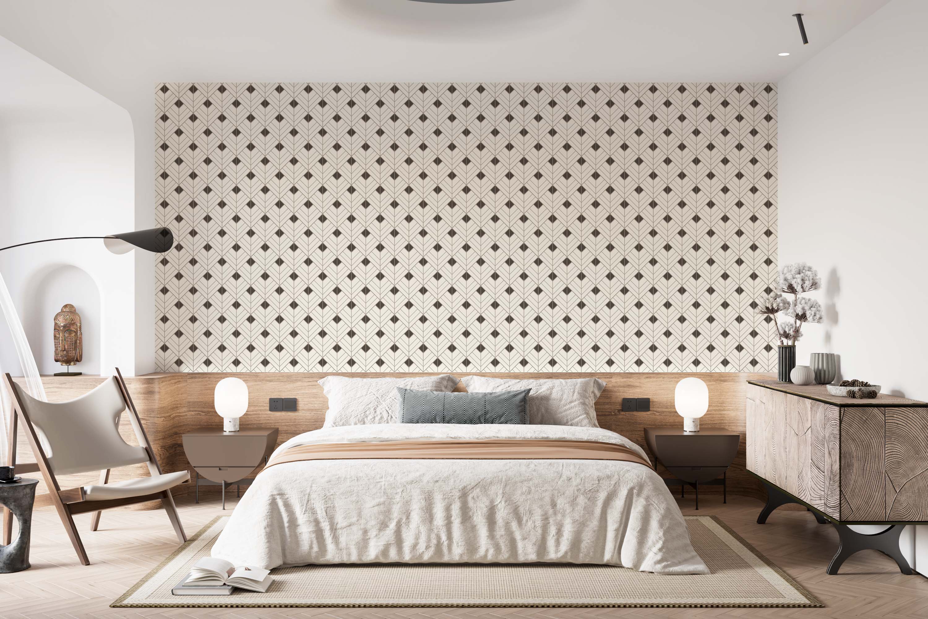 Art Deco wallpaper with a repeating pattern of stylized palm leaf motifs and dark brown diamonds on a cream background.