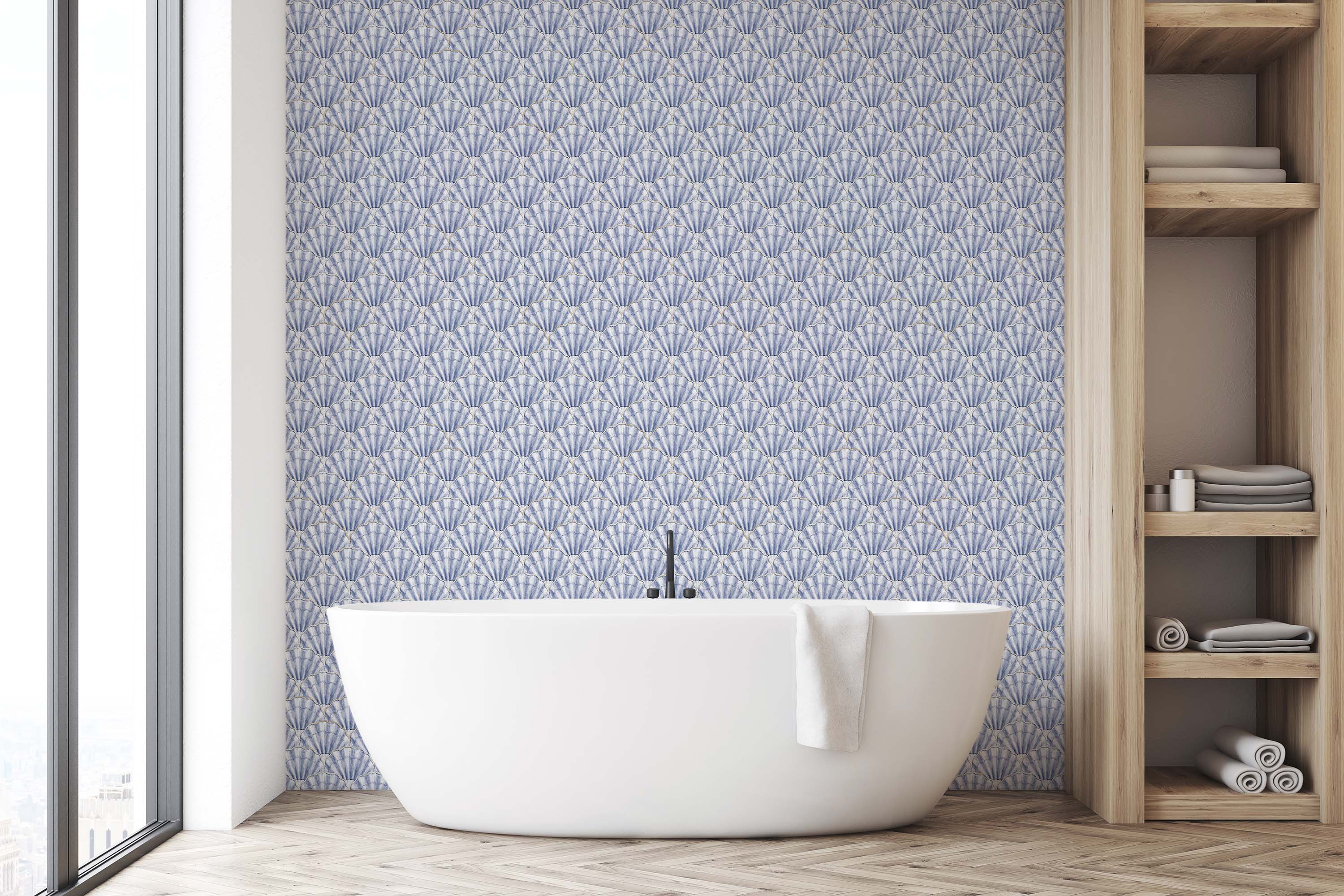 Art Deco wallpaper with a repeating pattern of stylized blue and cream scallop shells, forming an elegant fan-like design.