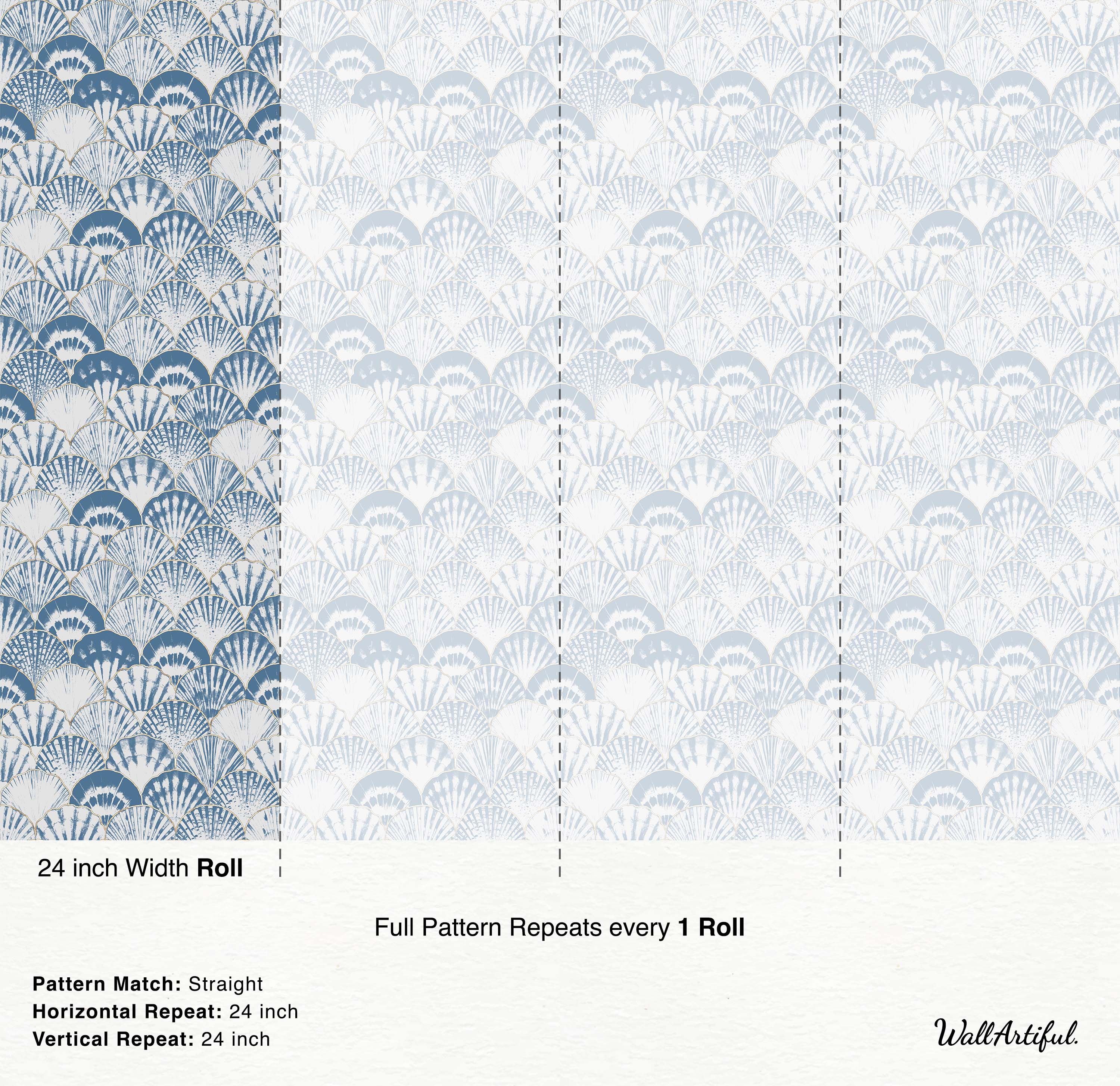 Wallpaper featuring an Art Deco scallop shell pattern in varying shades of blue and white with thin gold outlines.