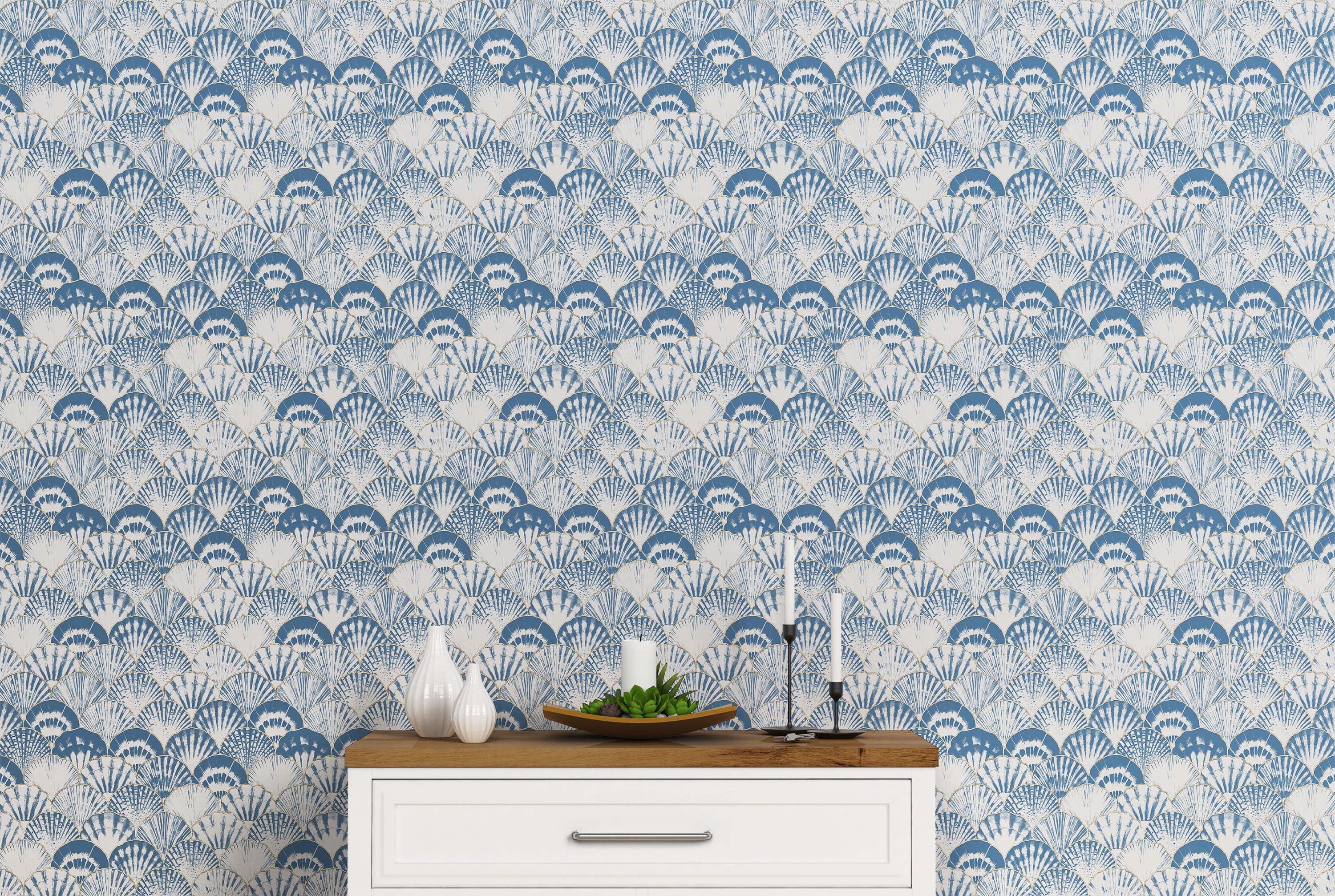 Art Deco wallpaper with a repeating scallop shell pattern in blue and white, displaying varied textural effects.