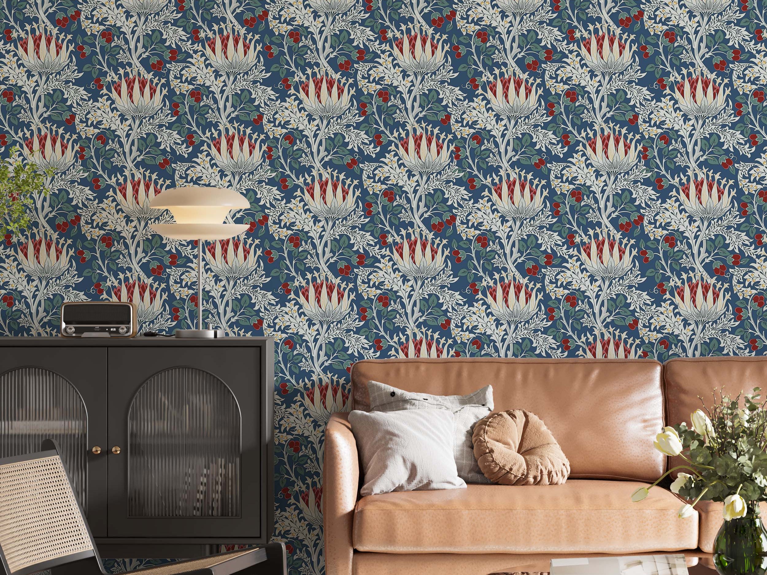 Arts and Crafts style wallpaper featuring stylized artichoke flowers in cream and red, with foliage and berries on a dark blue background.