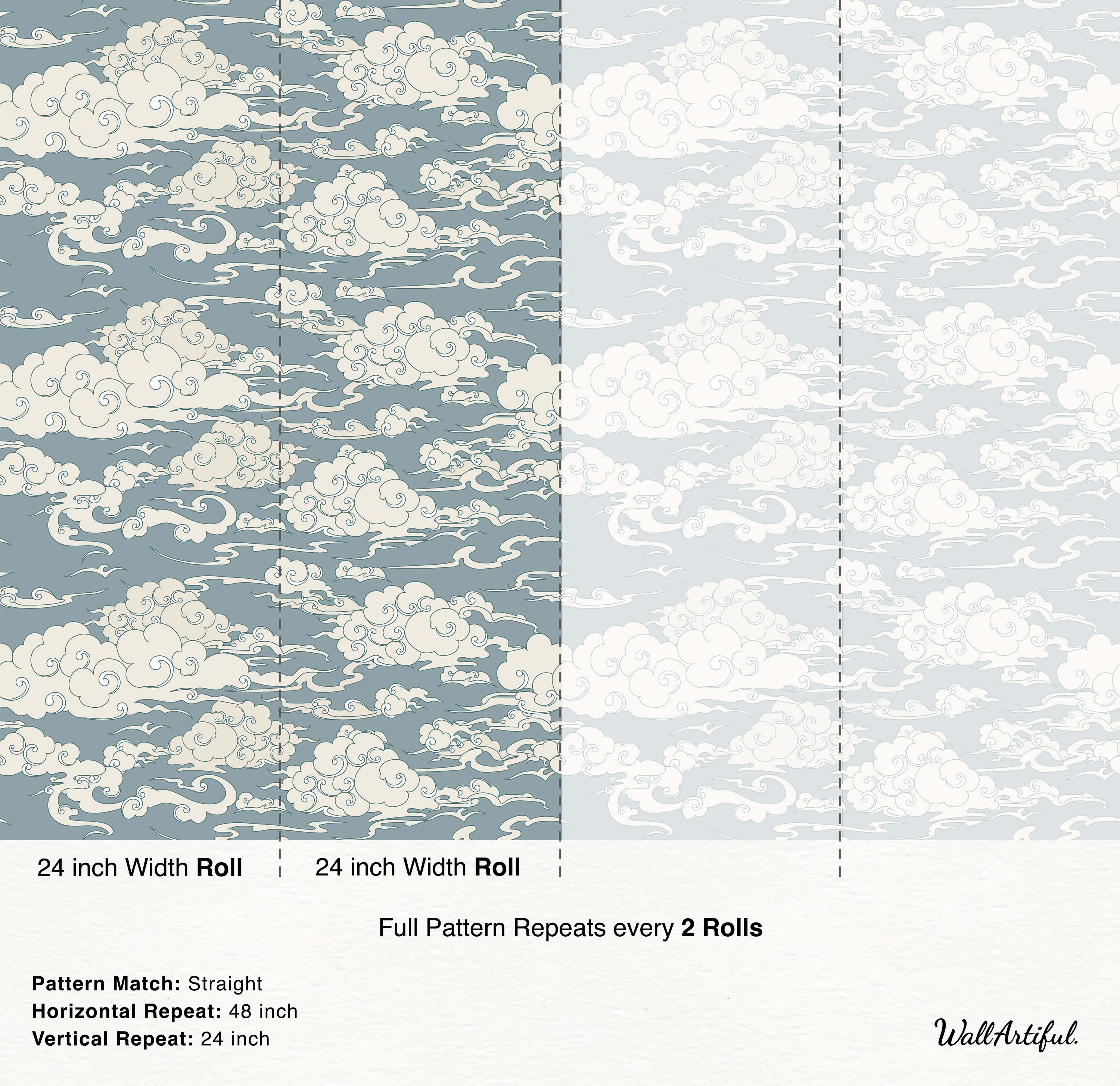 Wallpaper with a repeating pattern of stylized, swirling Asian clouds in cream with blue outlines on a dusty blue background.