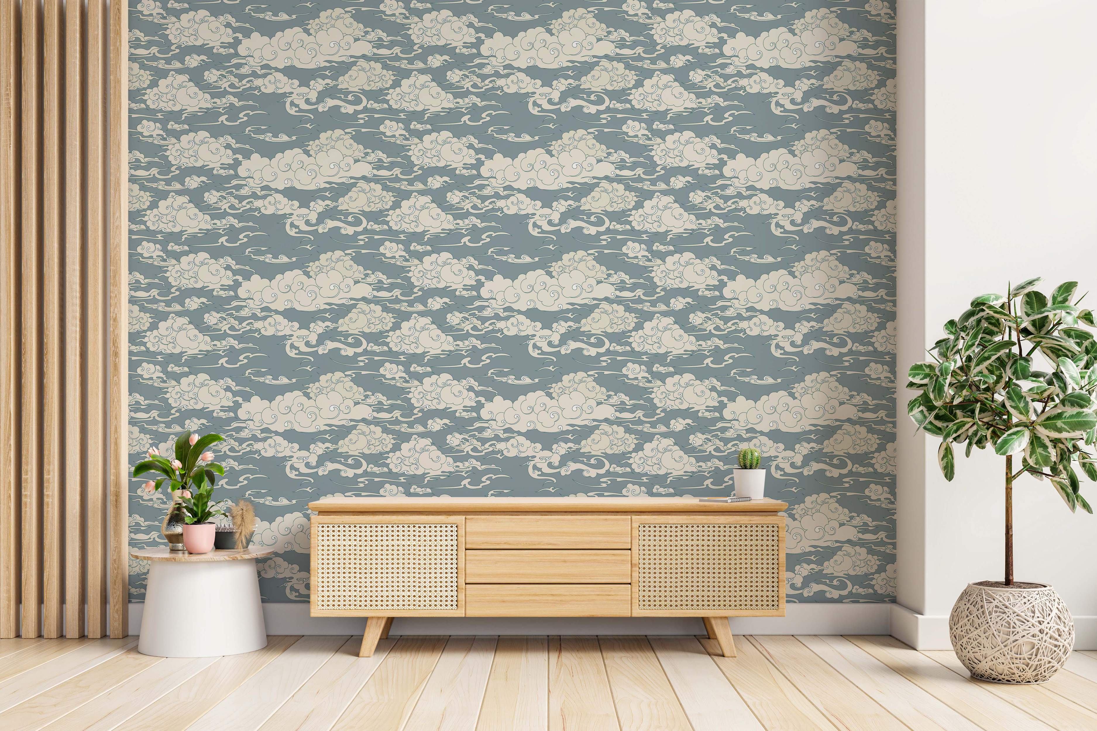 Wallpaper featuring a traditional Asian cloud pattern with swirling off-white clouds on a muted blue-gray background.
