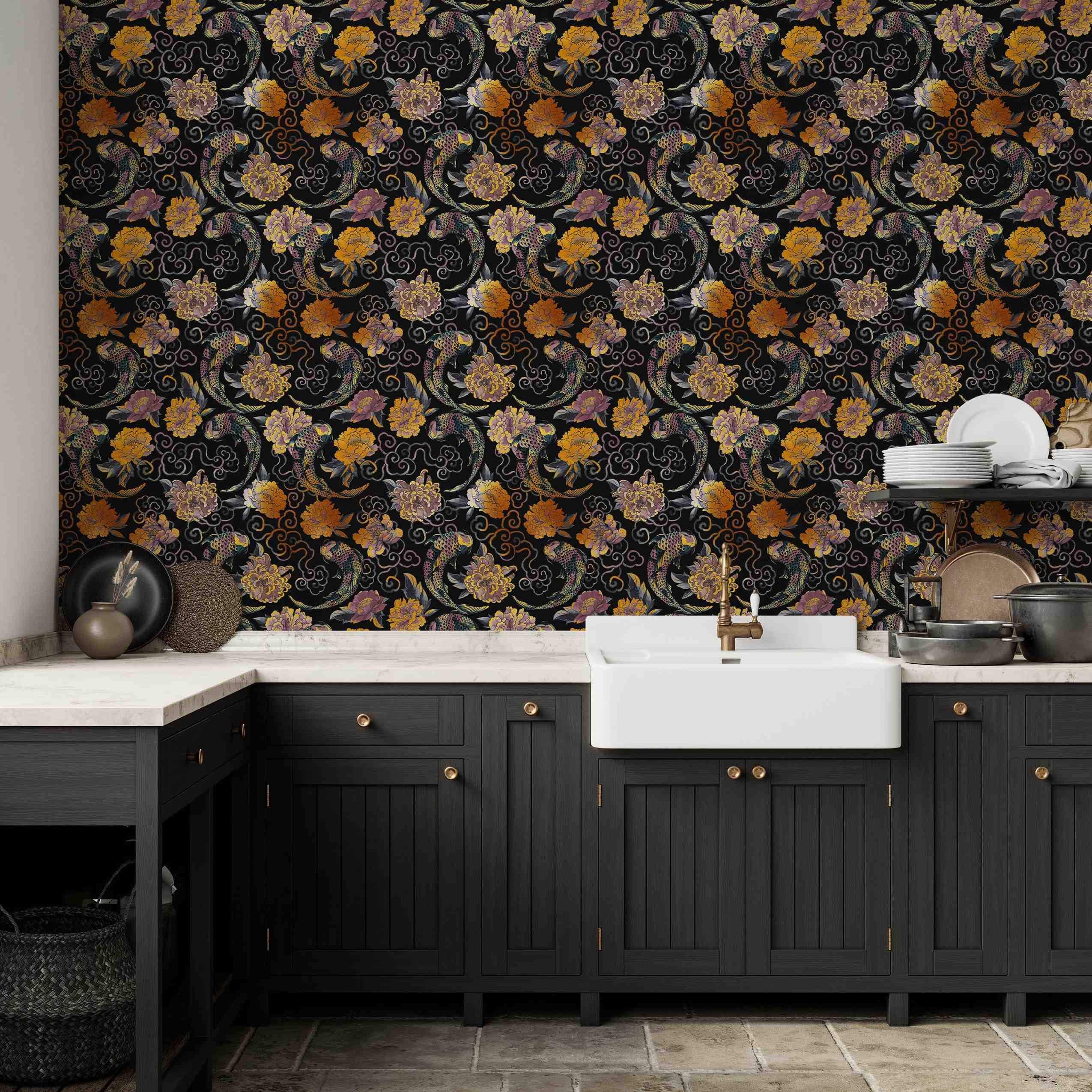 Asian-style wallpaper with gold, orange, and purple koi fish and flowers swirling on a black background.