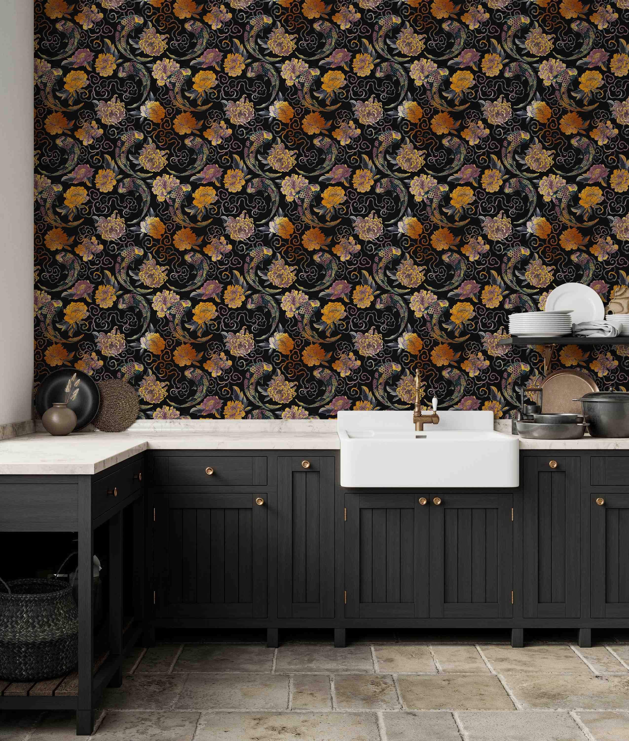 Asian-style wallpaper with gold, orange, and purple koi fish and flowers swirling on a black background.