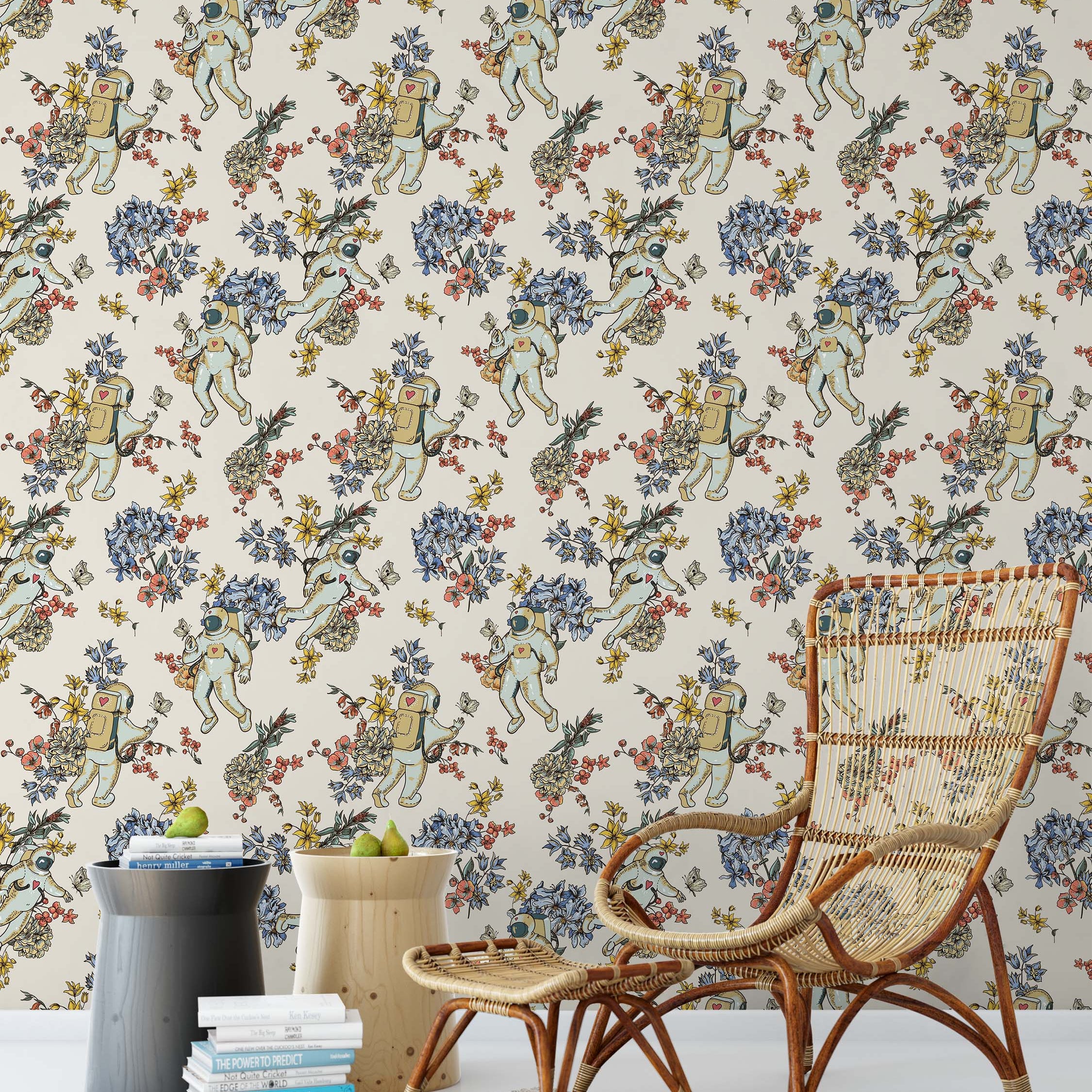 A whimsical wallpaper featuring astronauts floating with butterflies amongst bouquets of blue, yellow, and pink flowers.