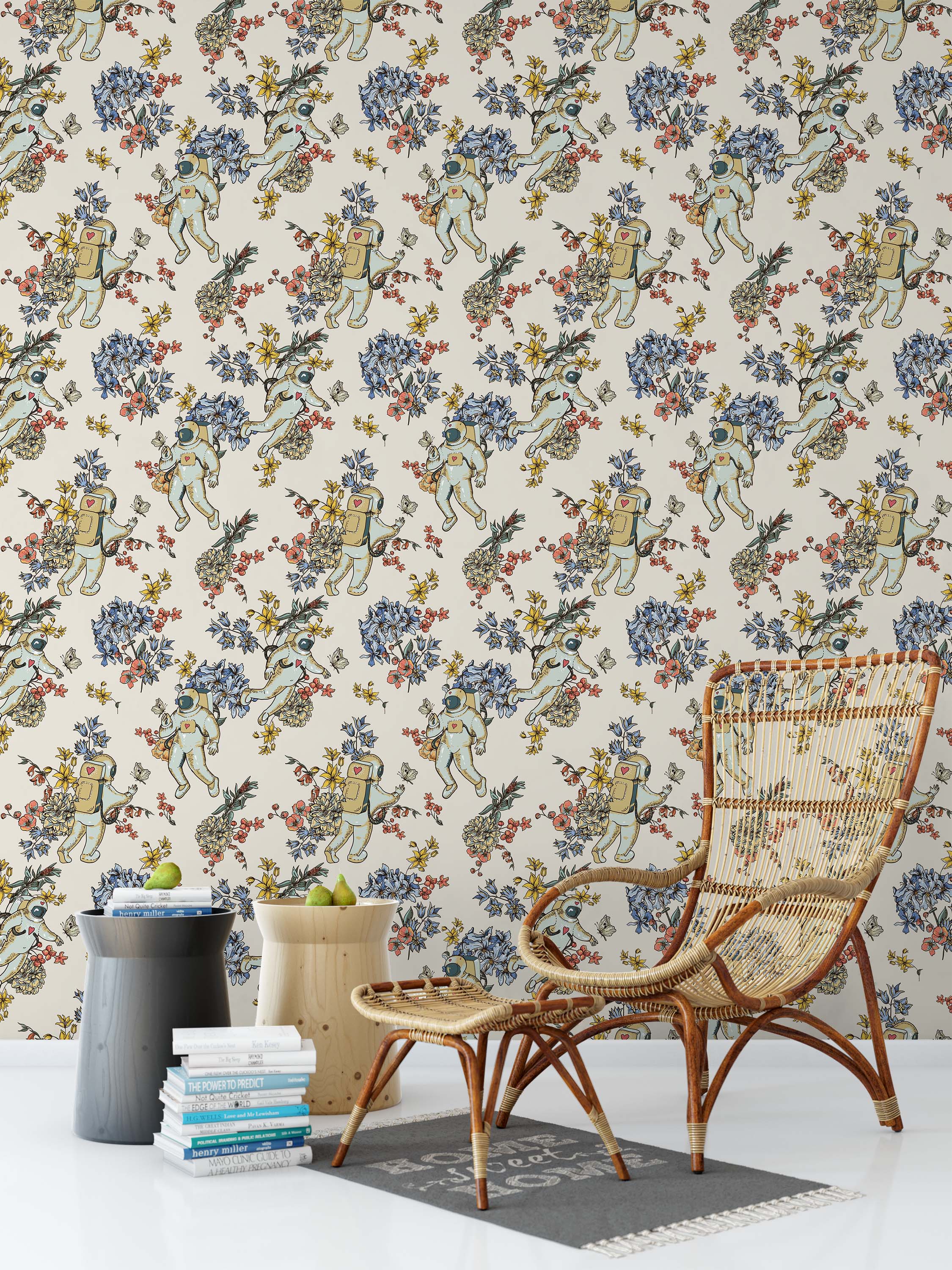 A whimsical wallpaper featuring astronauts floating with butterflies amongst bouquets of blue, yellow, and pink flowers.