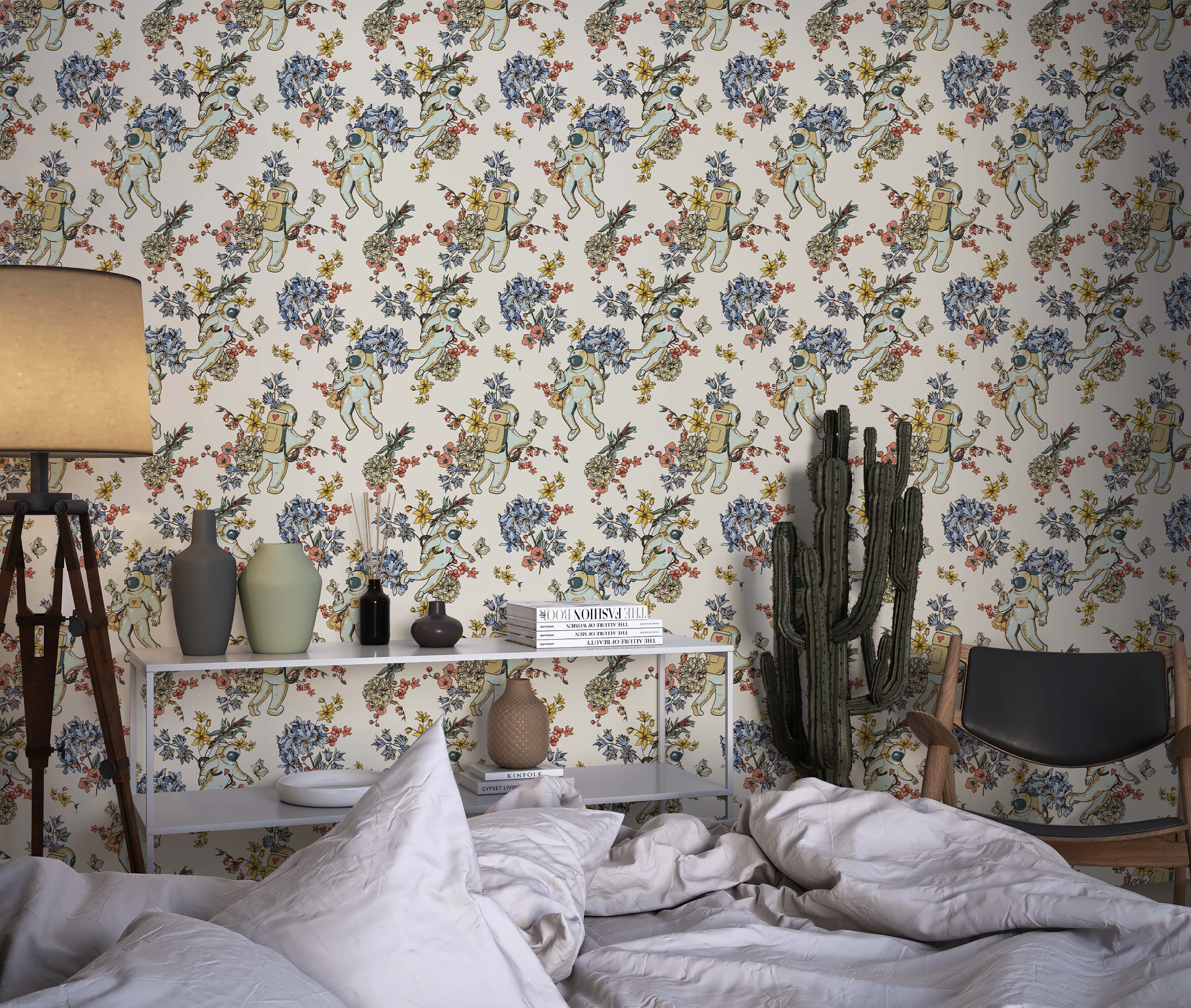 Whimsical wallpaper featuring illustrated astronauts floating amongst colorful blue, yellow, and red floral bouquets.
