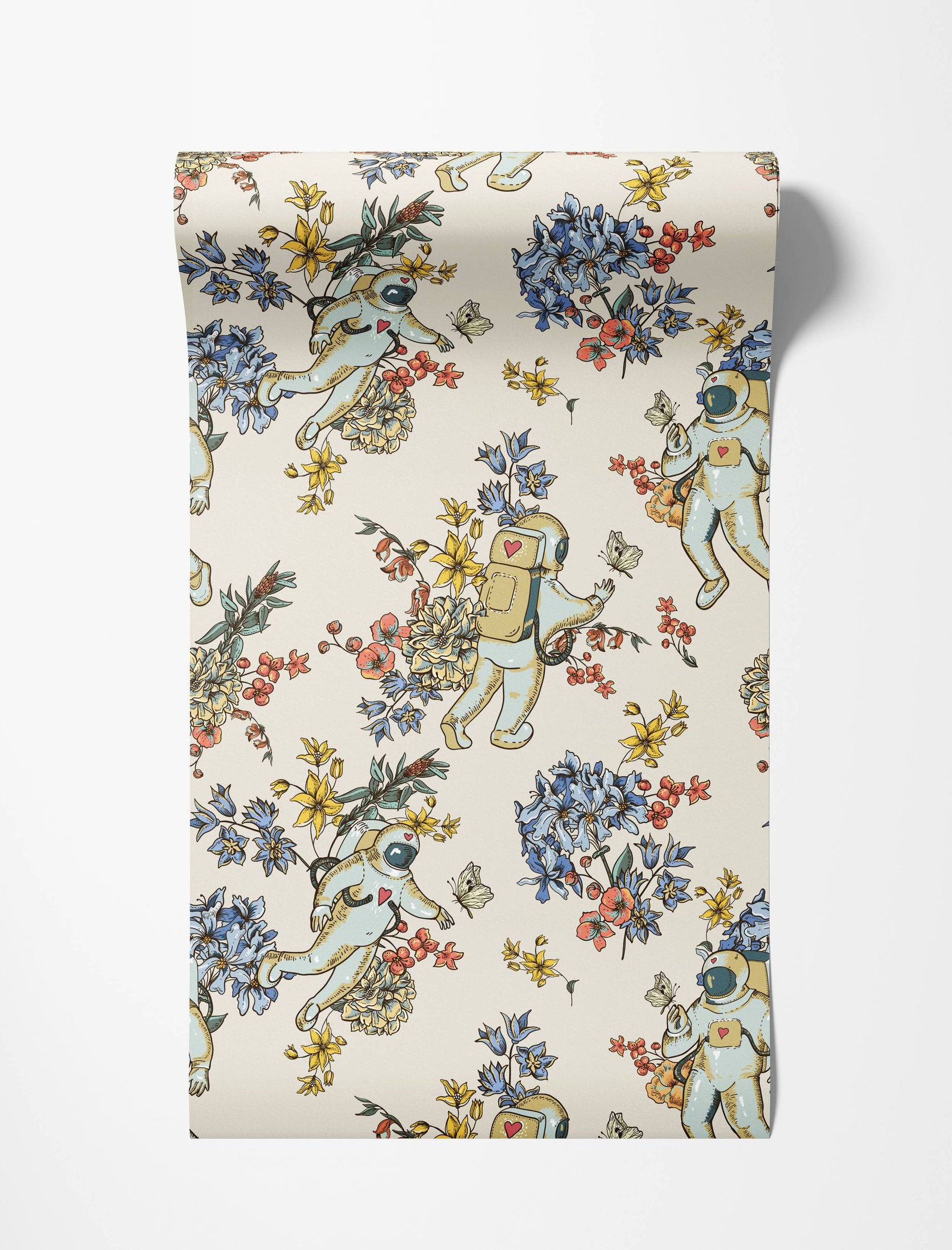 Illustrated wallpaper with floating astronauts and butterflies amidst blue, yellow, and coral floral arrangements on a cream background.