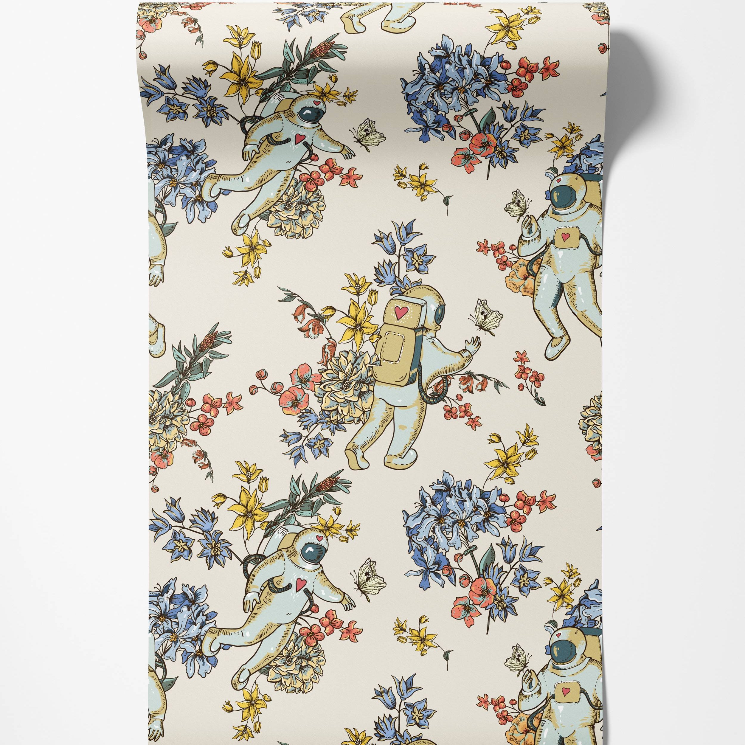 Illustrated wallpaper with floating astronauts and butterflies amidst blue, yellow, and coral floral arrangements on a cream background.