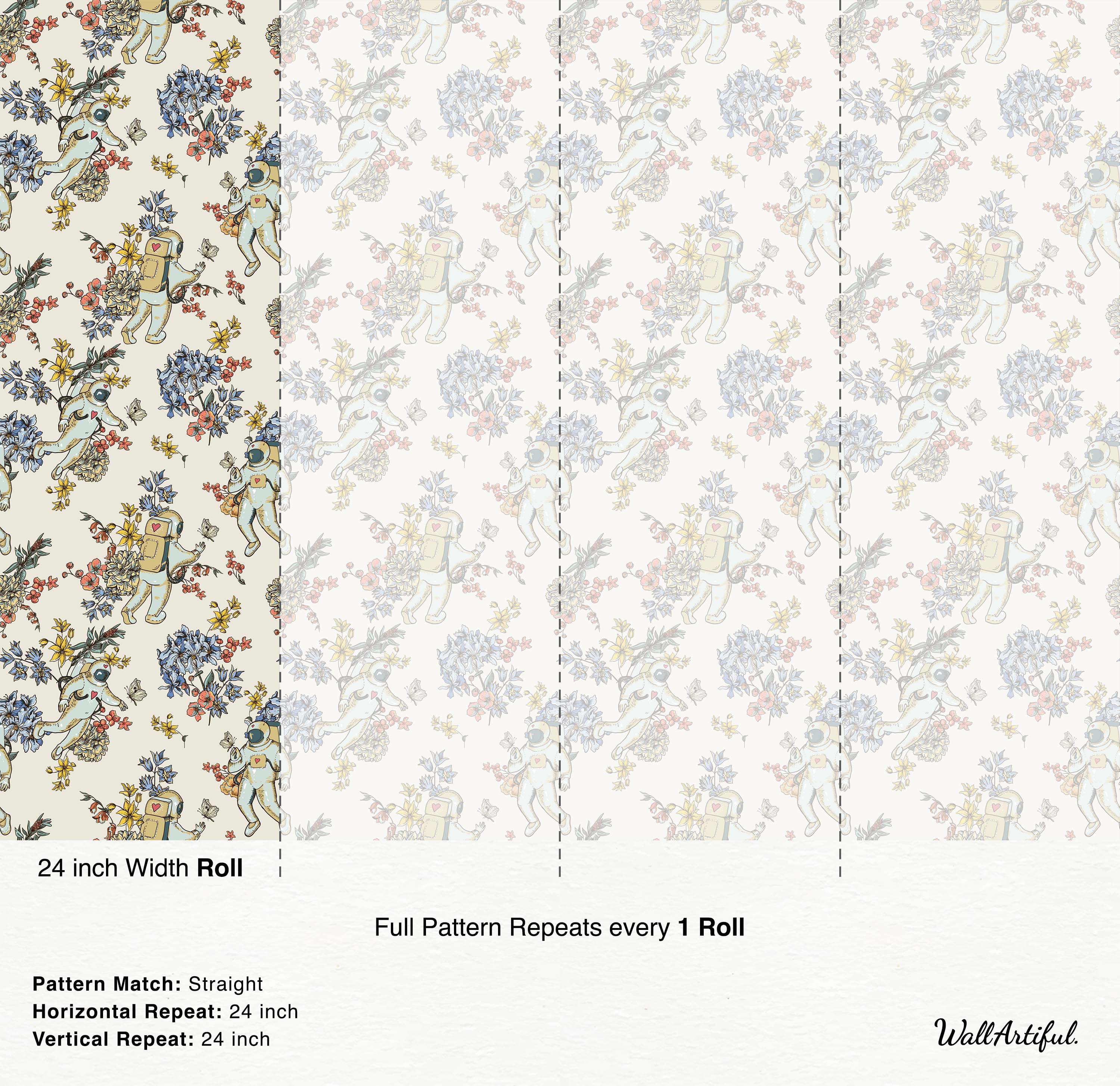 Whimsical wallpaper with vintage-style illustrations of astronauts floating among blue, yellow, and red floral bouquets.