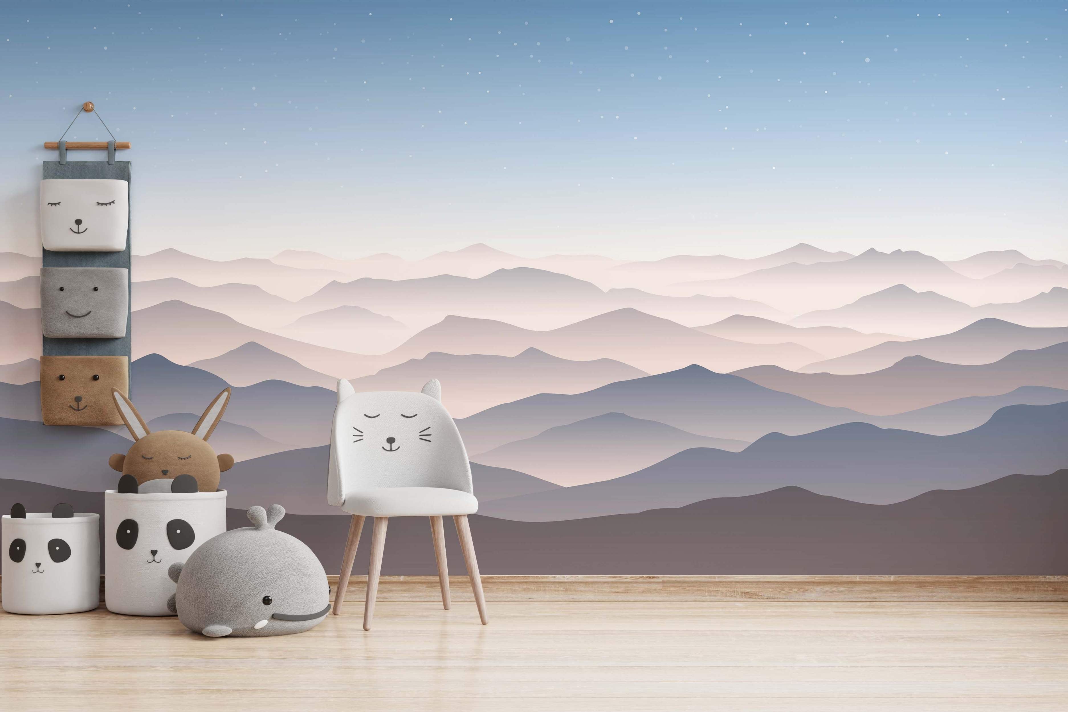 Atmospheric mural depicting layered mountain ranges in purple and pink tones under a blue gradient starry sky.