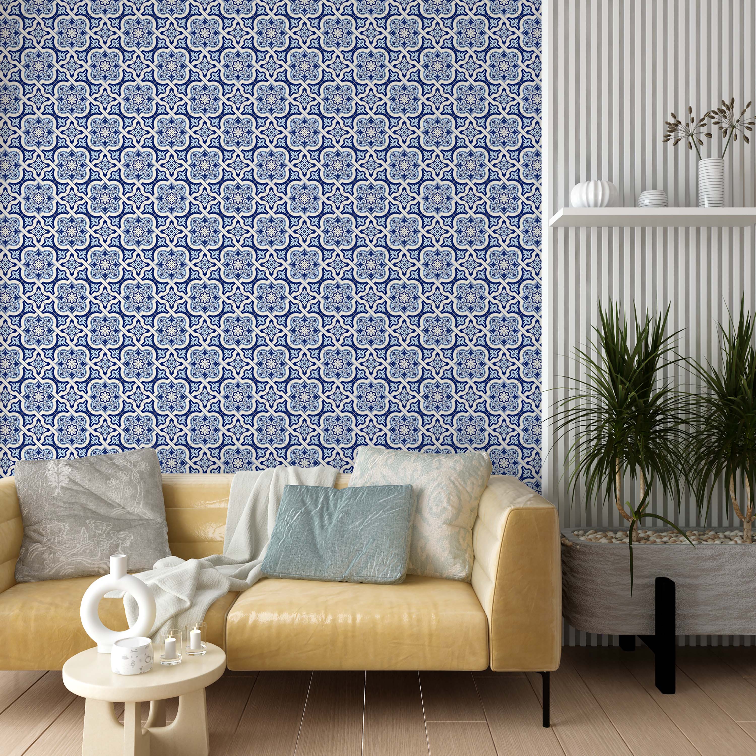 Azulejo-style wallpaper with an intricate repeating tile pattern in various shades of blue and white, featuring floral motifs.